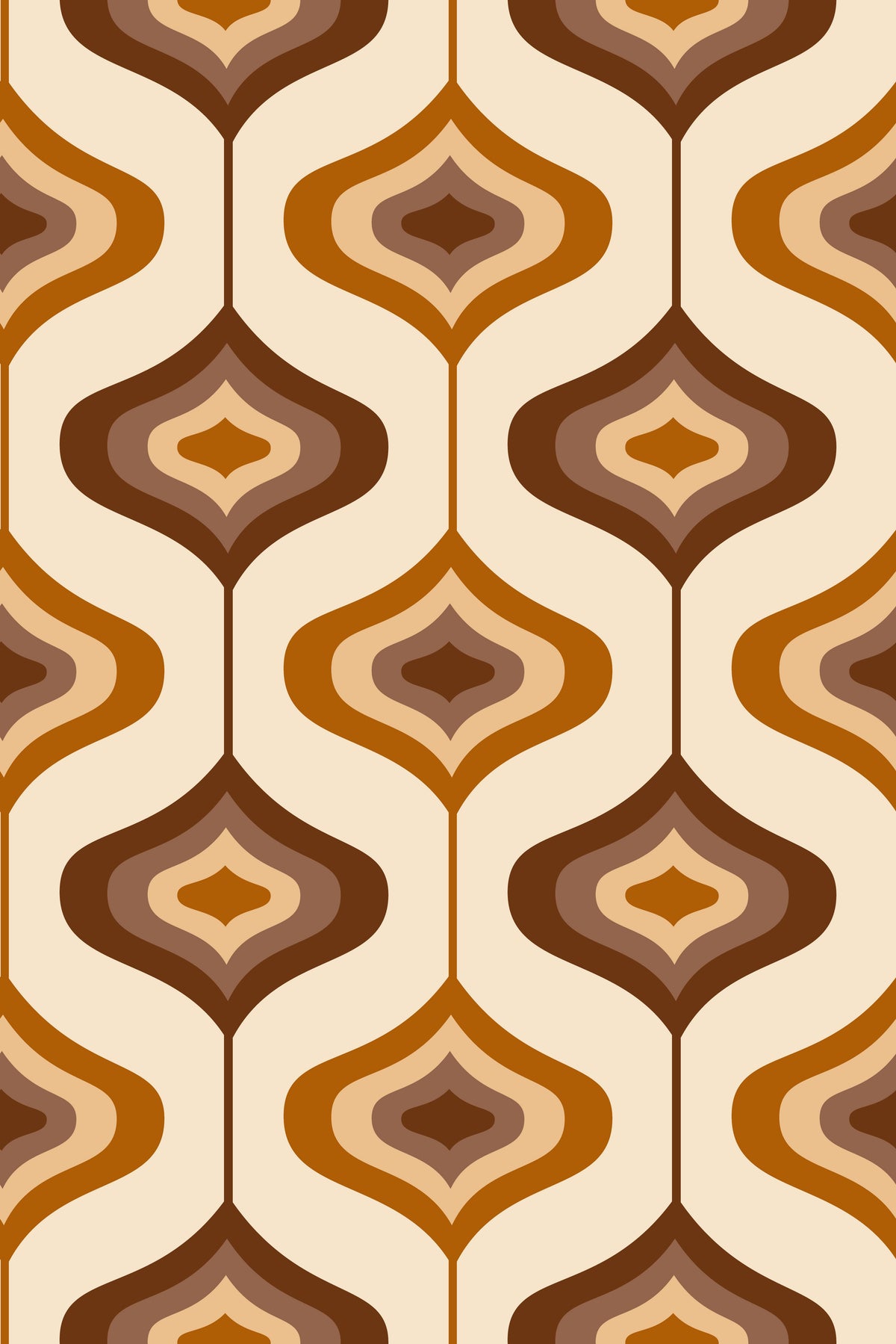 Geometric wallpaper pattern in warm brown tones with repeating teardrop shapes.