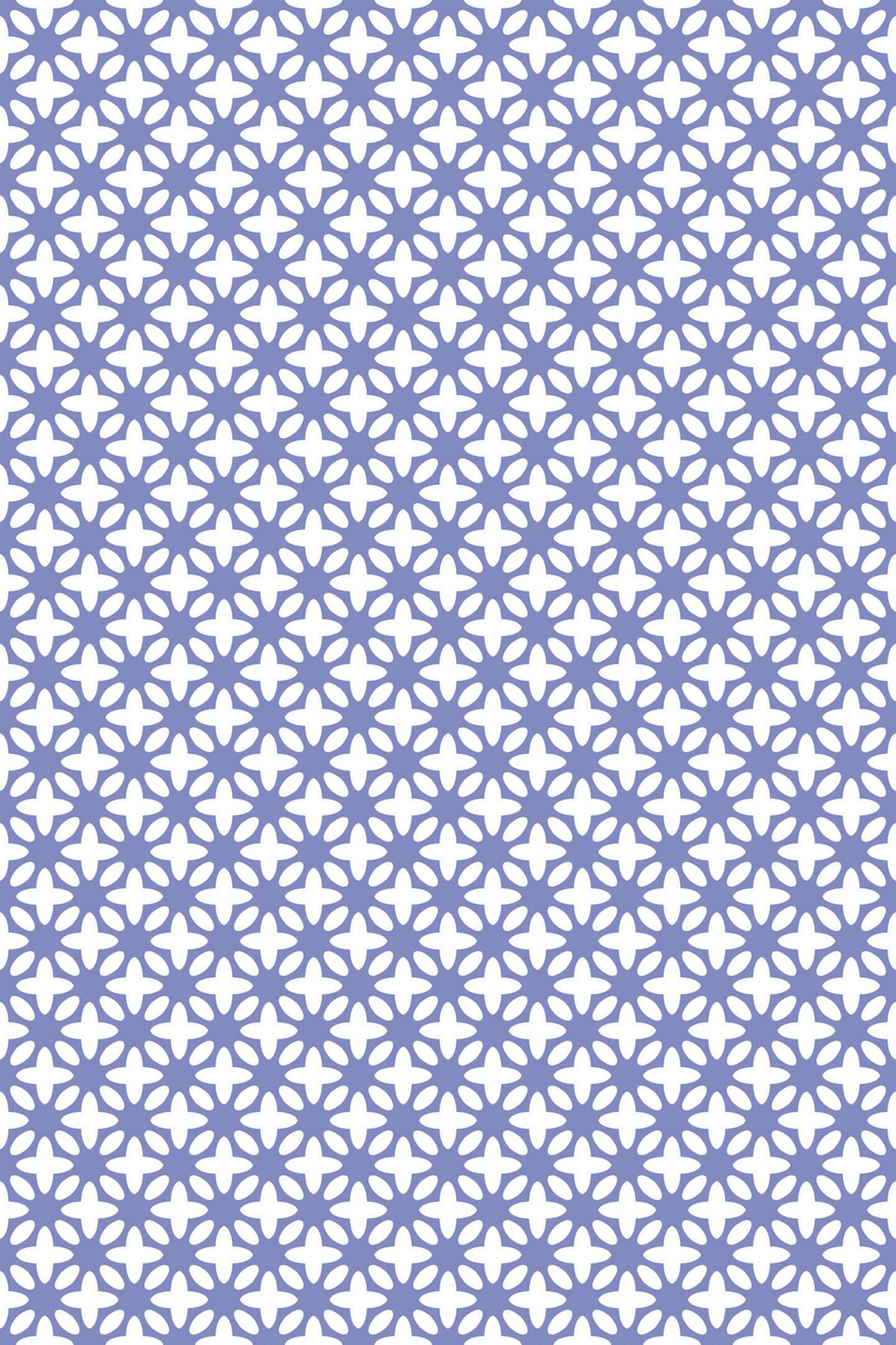 Periwinkle blue wallpaper with a repeating white geometric floral pattern