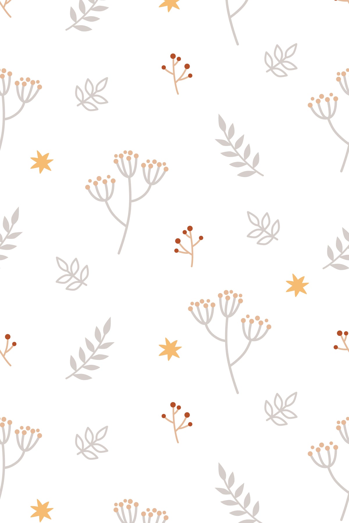 Minimal wallpaper with scattered gray leaves, peach sprigs, and star-shaped accents.