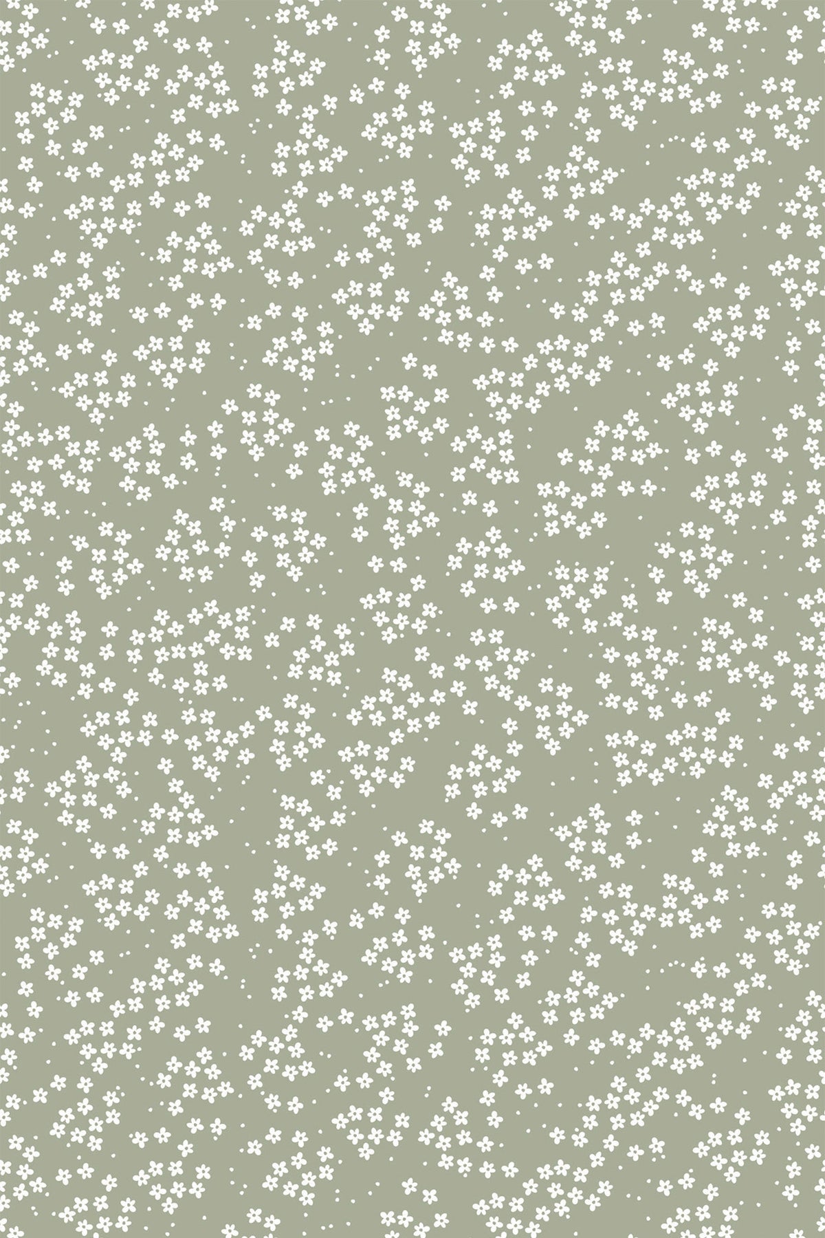 Sage green wallpaper with scattered clusters of tiny white flowers