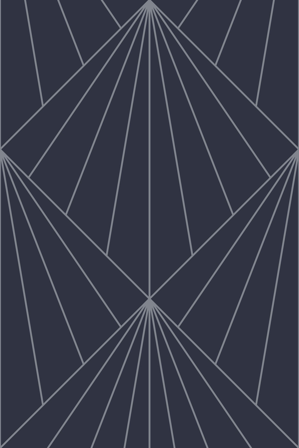 Dark navy Art Deco wallpaper with fine gray geometric fan lines in a bold symmetrical pattern