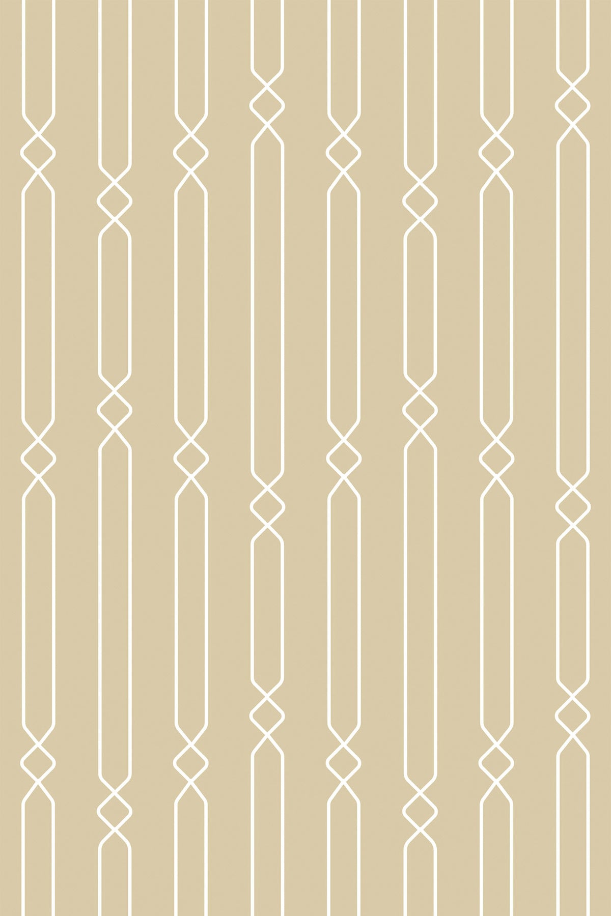 Beige geometric wallpaper with repeating vertical white lines and elongated diamond details