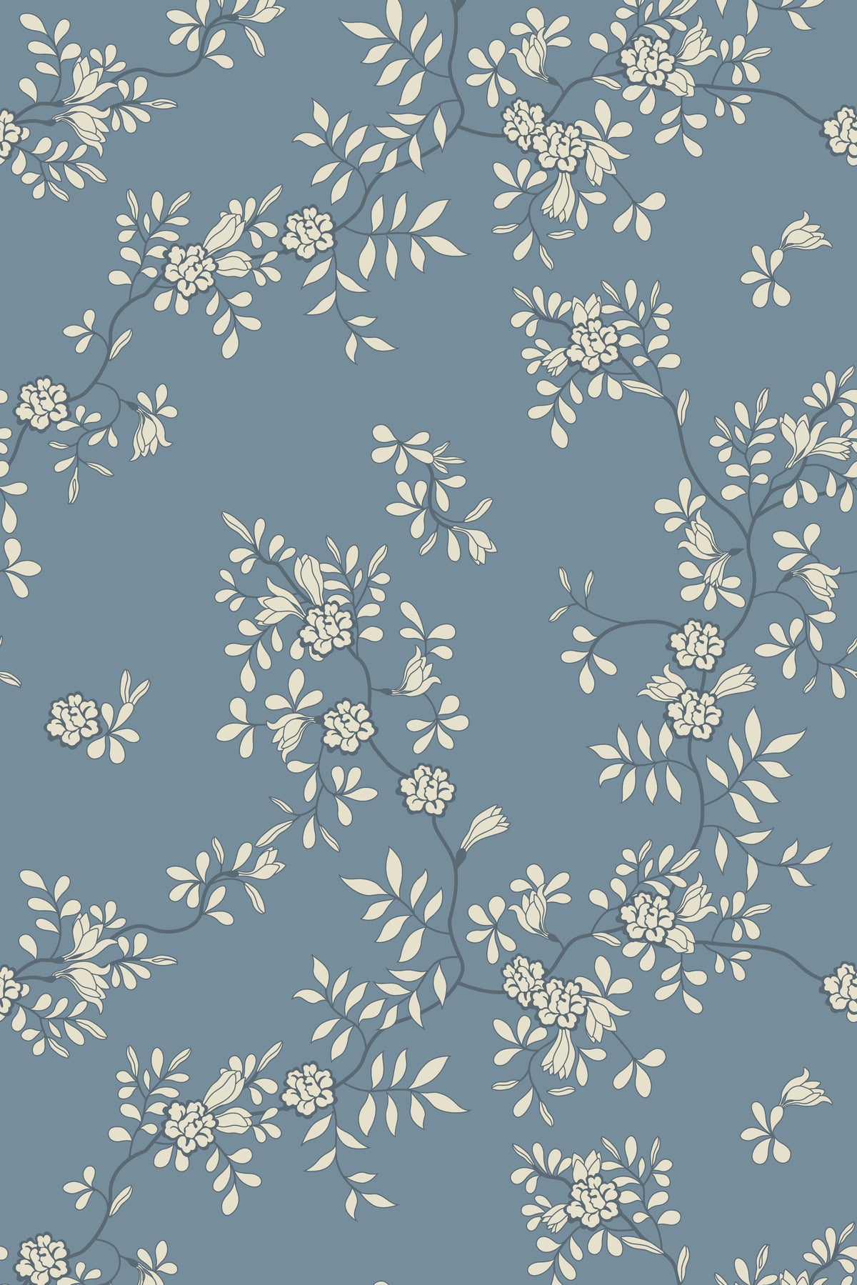 Blue floral wallpaper with cream flowers, leaves, and winding botanical branches