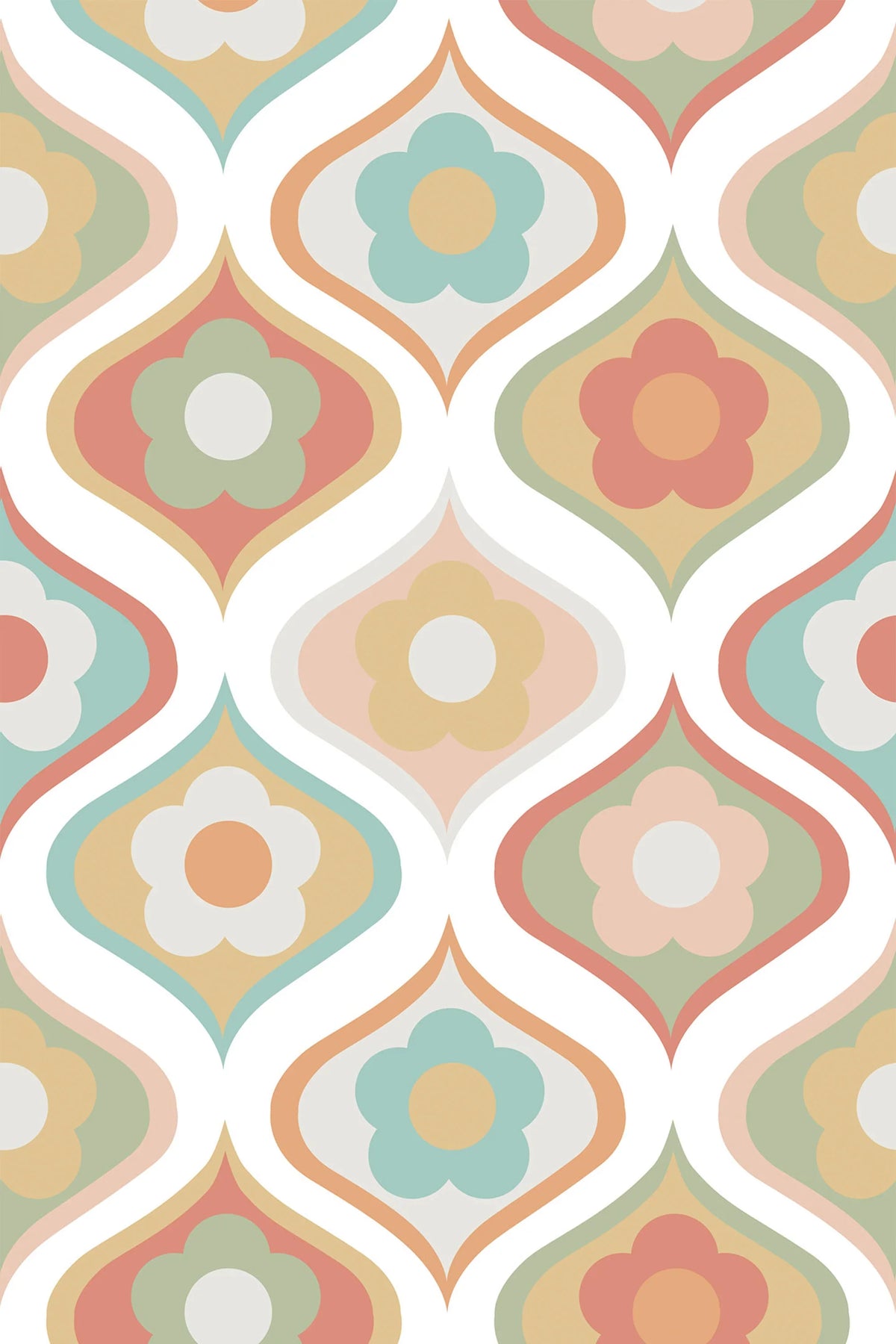 Retro floral wallpaper with geometric flowers in soft coral, sage green, blue, peach, and yellow