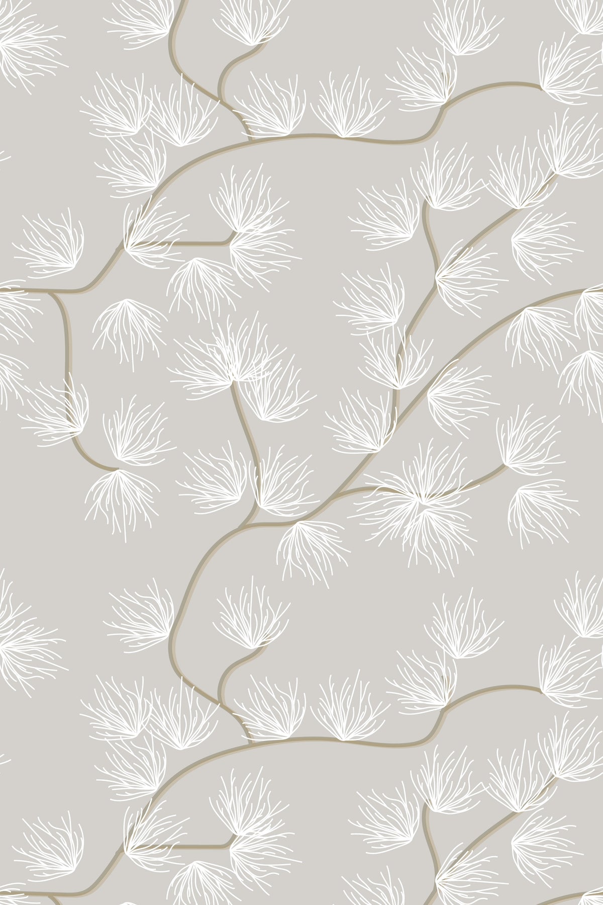 Soft gray-beige wallpaper with flowing taupe branches and white feathery botanical blooms.