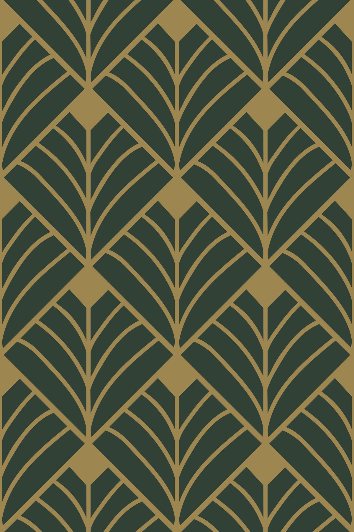 Repeating Art Deco geometric fan pattern in dark forest green and muted gold, featuring symmetrical curved lines