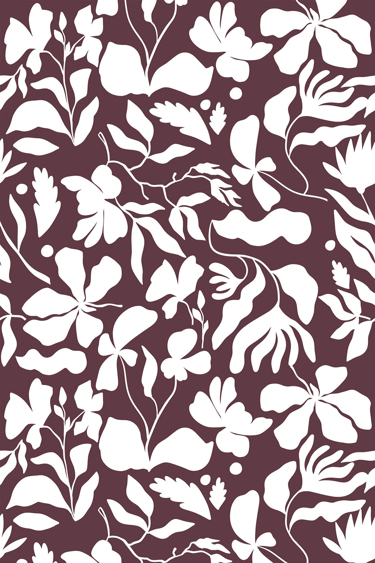 Deep burgundy wallpaper with bold white floral silhouettes and flowing botanical leaves