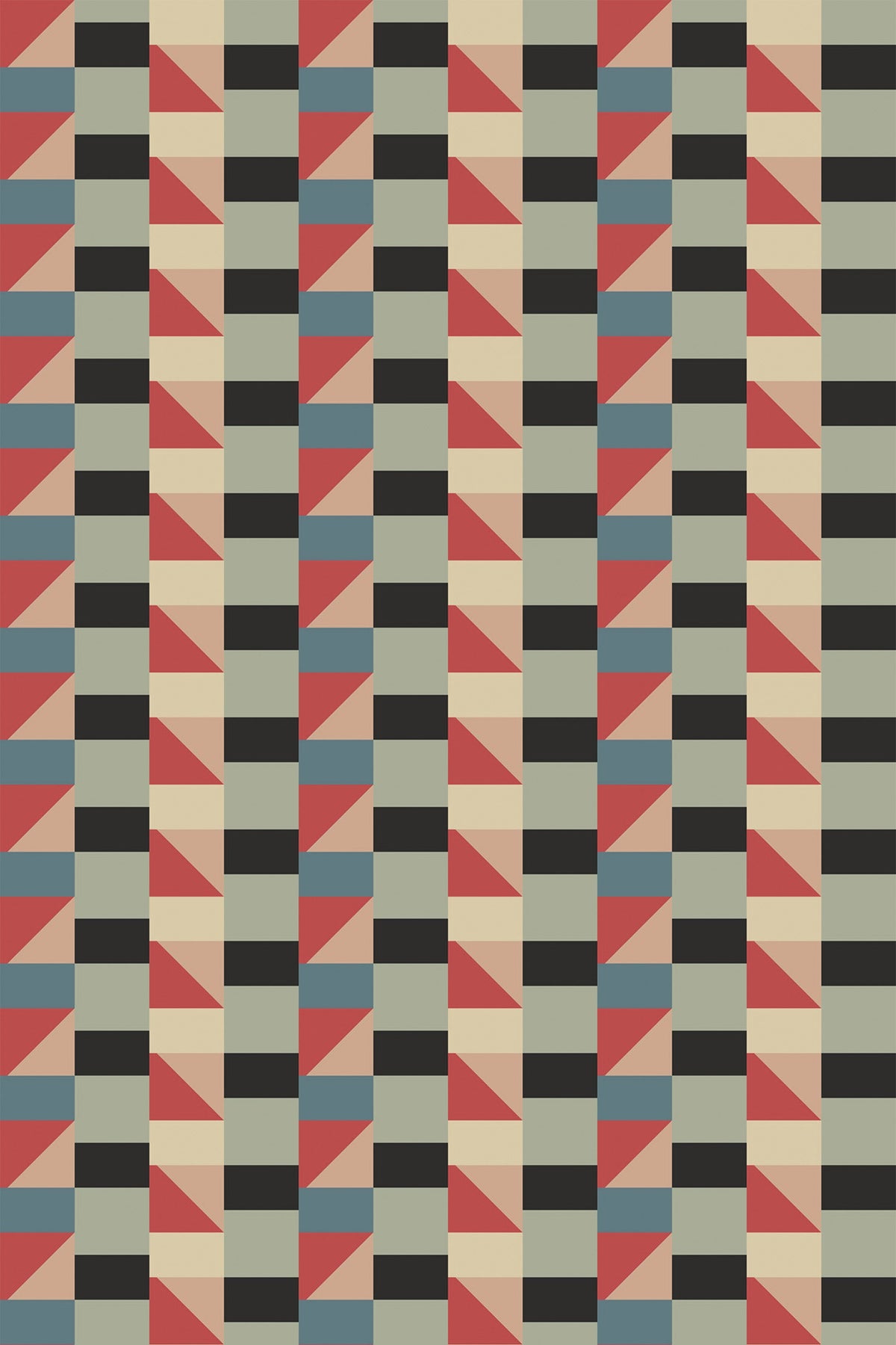 Geometric wallpaper with repeating blocks and triangles in red, sage green, blue, cream, peach, and black