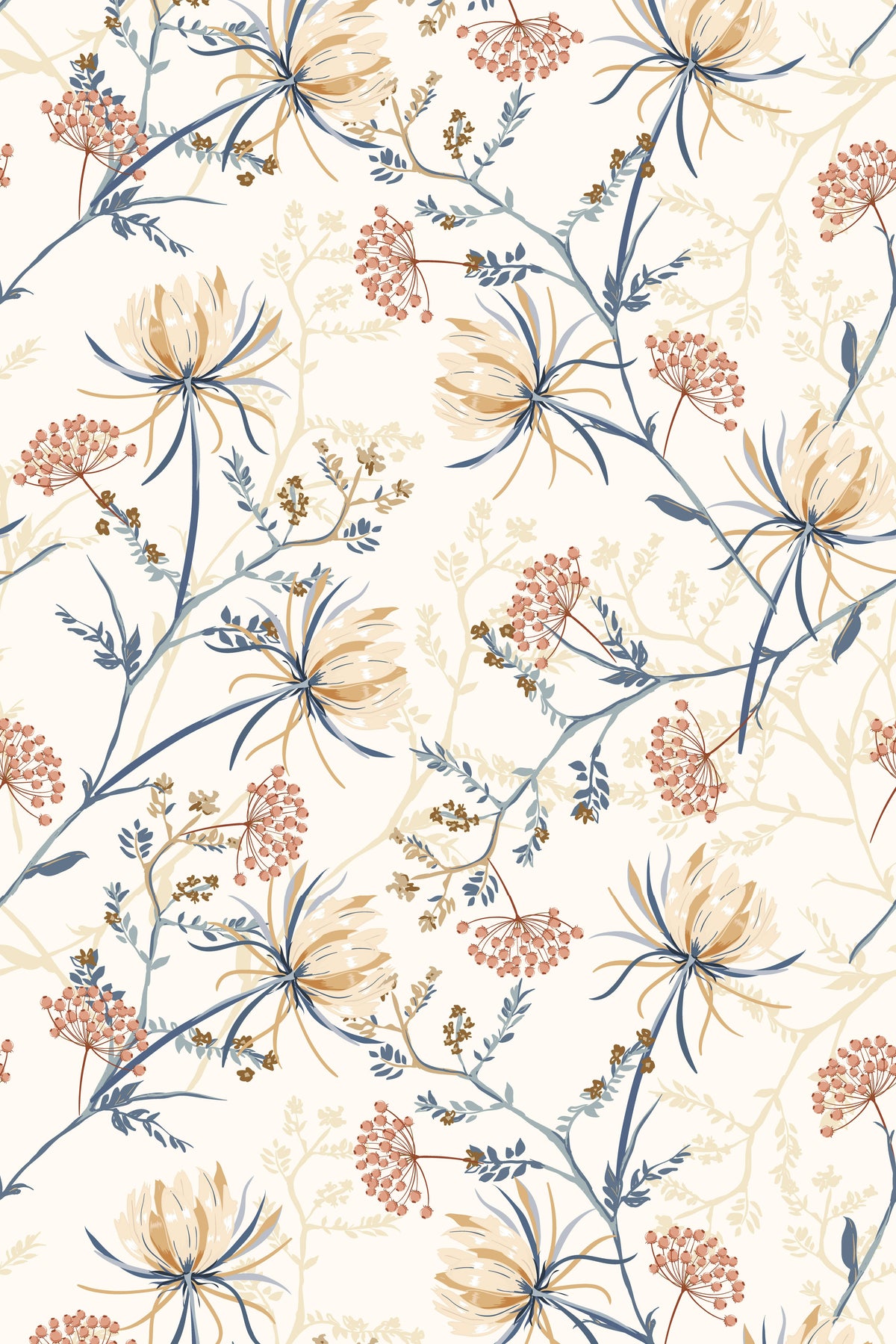 Cream wallpaper with botanical branches, golden flowers, blue foliage, and berry clusters.