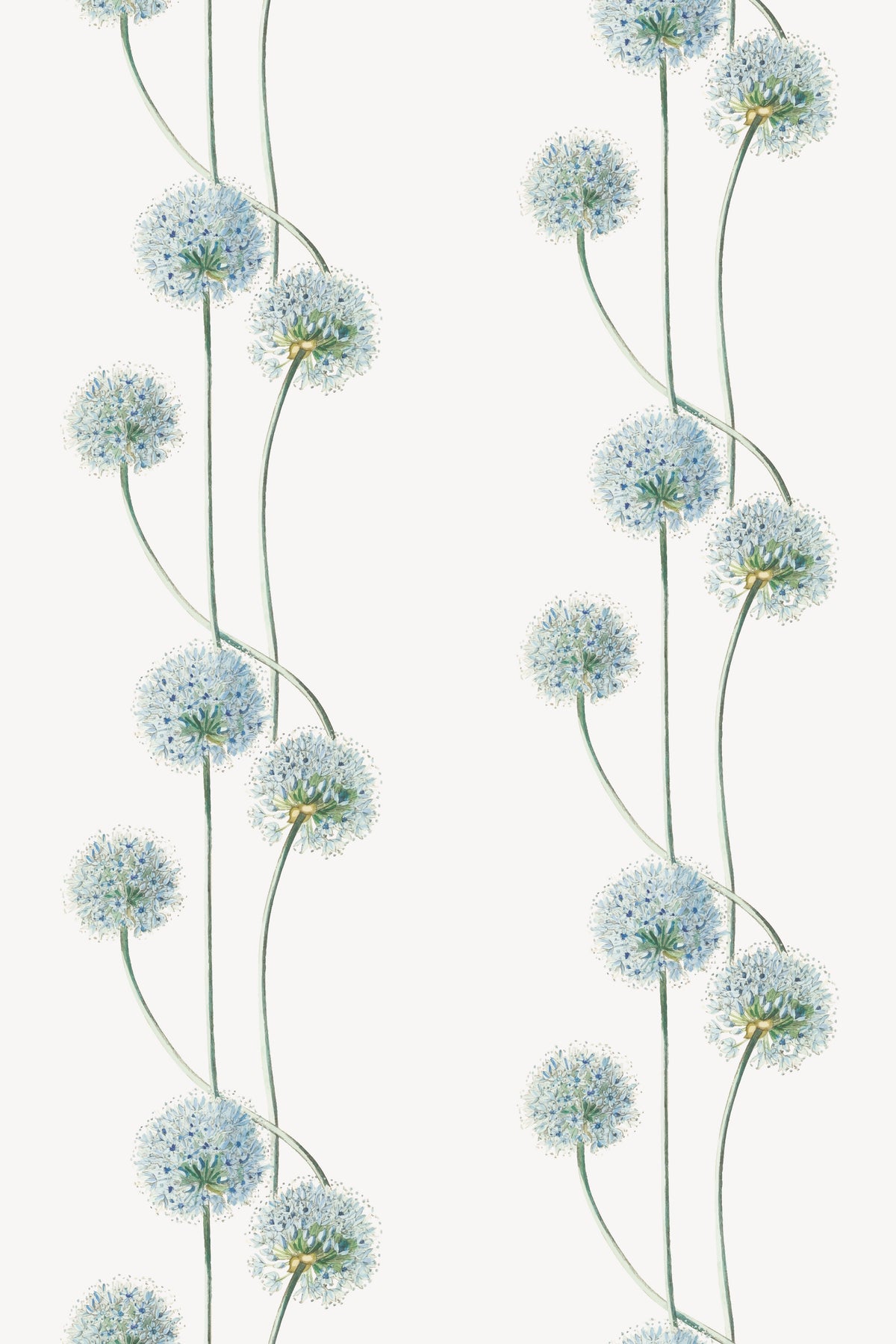 Wallpaper pattern with pale blue flowers on long, gently curving green stems.