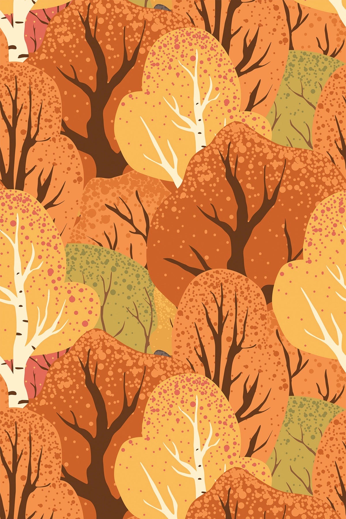 Autumn forest wallpaper pattern with stylized orange, yellow, green, and brown trees
