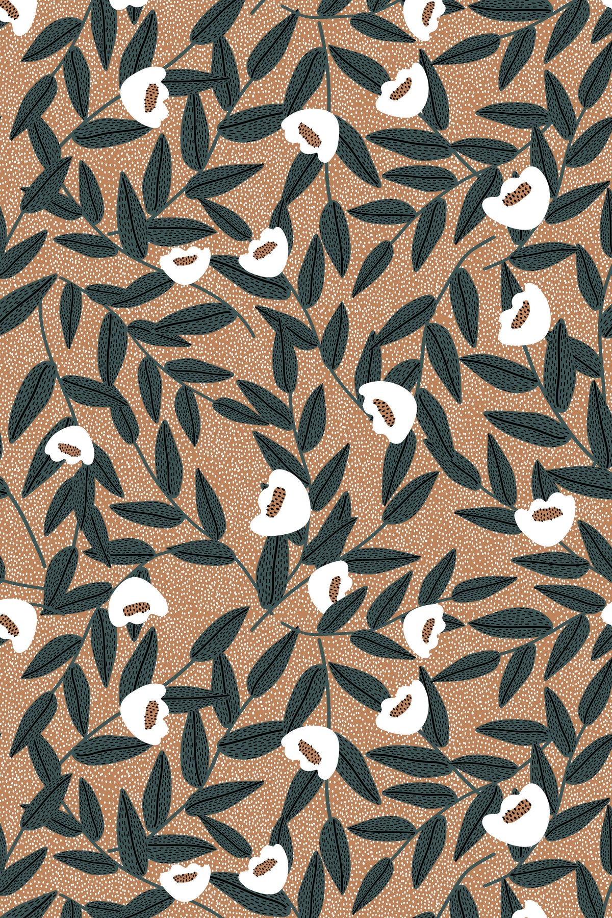 White floral and dark leafy pattern on a speckled brown background