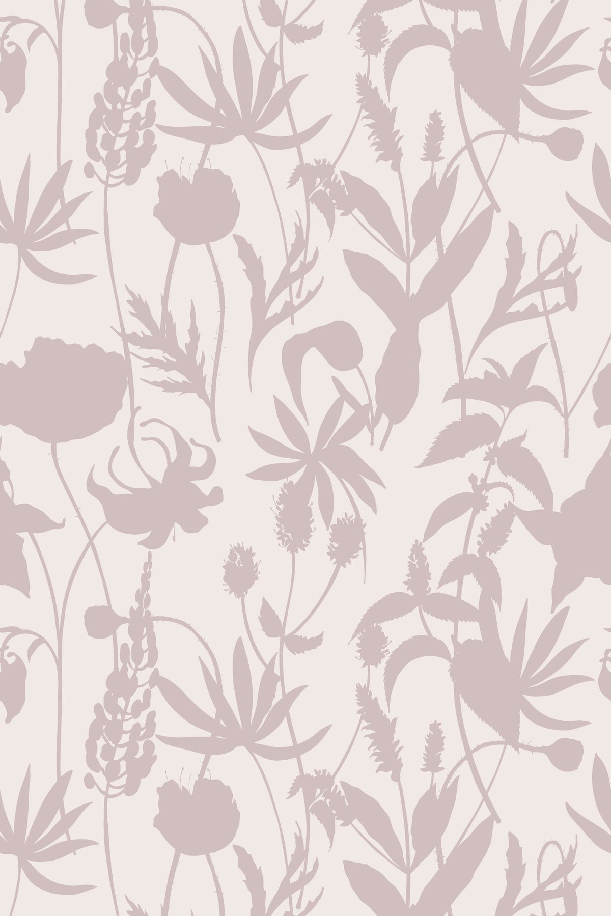 Soft pink botanical silhouette wallpaper pattern with wildflowers and leaves