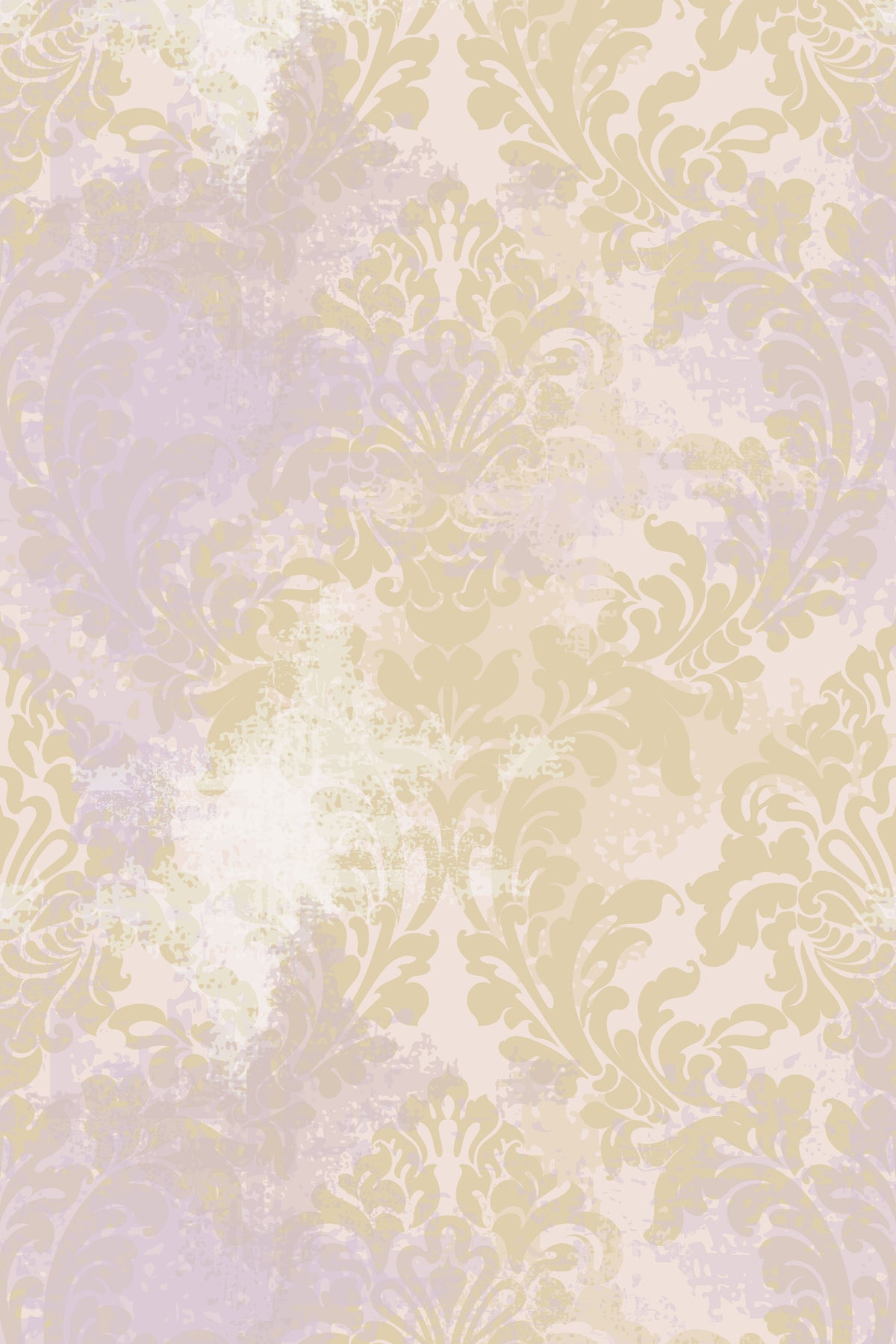 Distressed damask wallpaper pattern in soft beige and lavender.