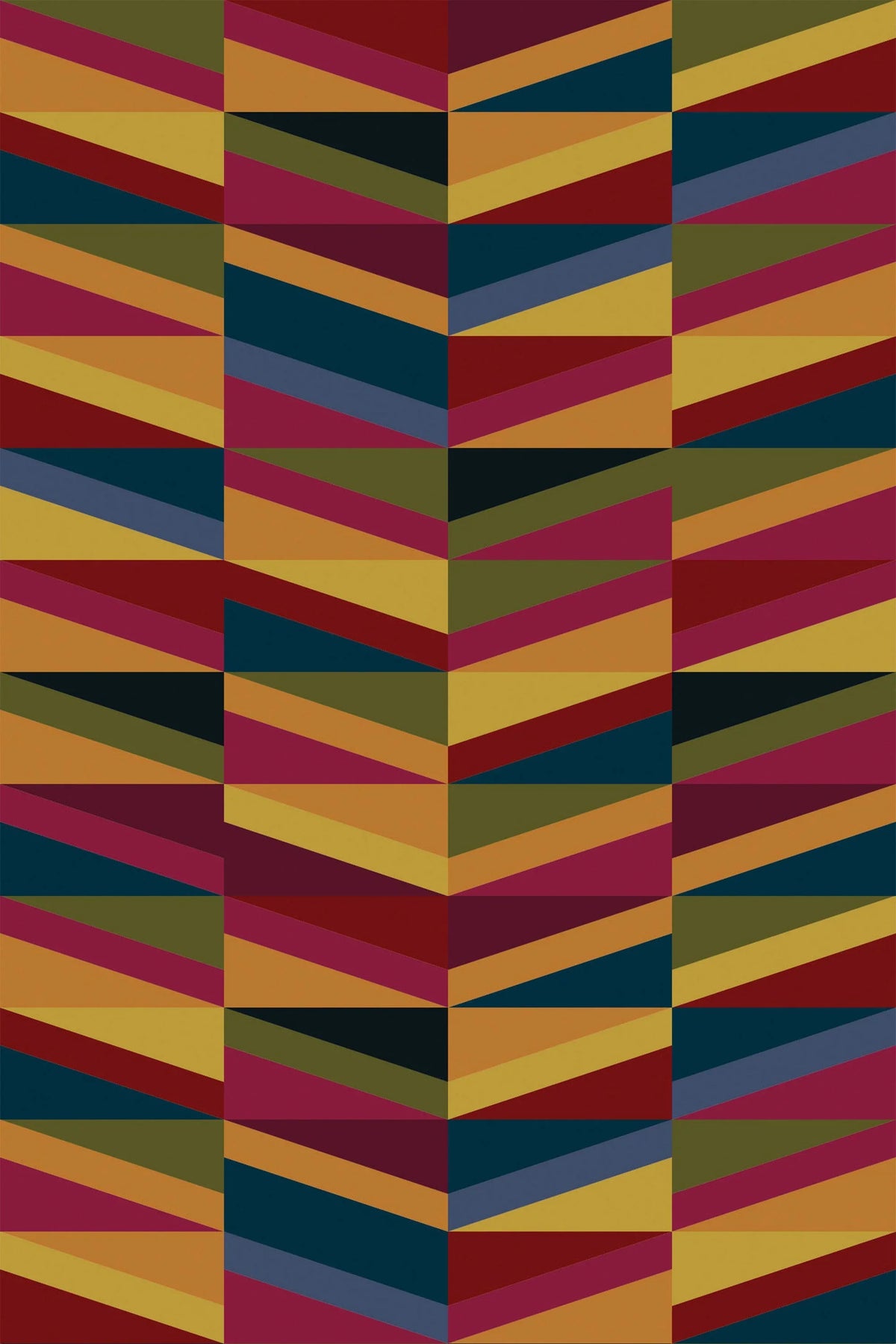 Colorful geometric wallpaper with bold chevron stripes in burgundy, mustard, olive green, orange, and blue