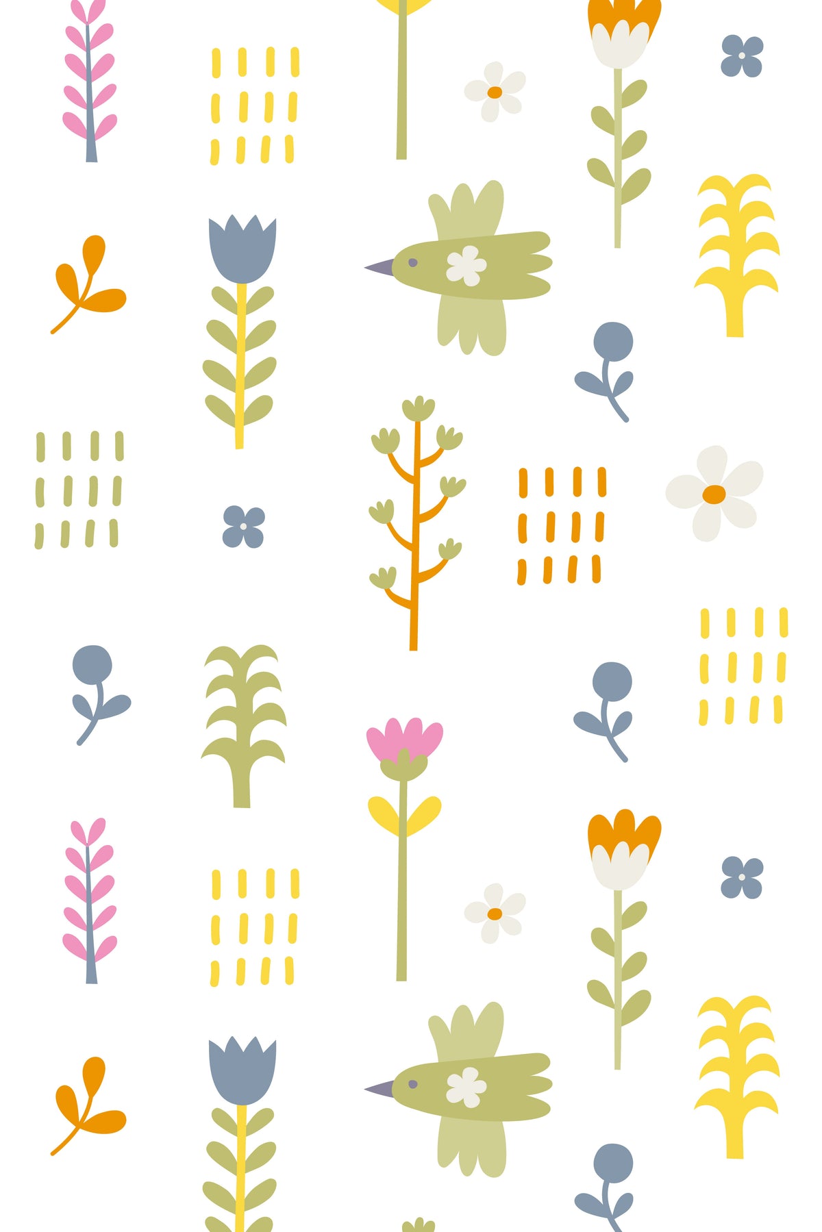 Playful bird and floral wallpaper pattern in pastel colors