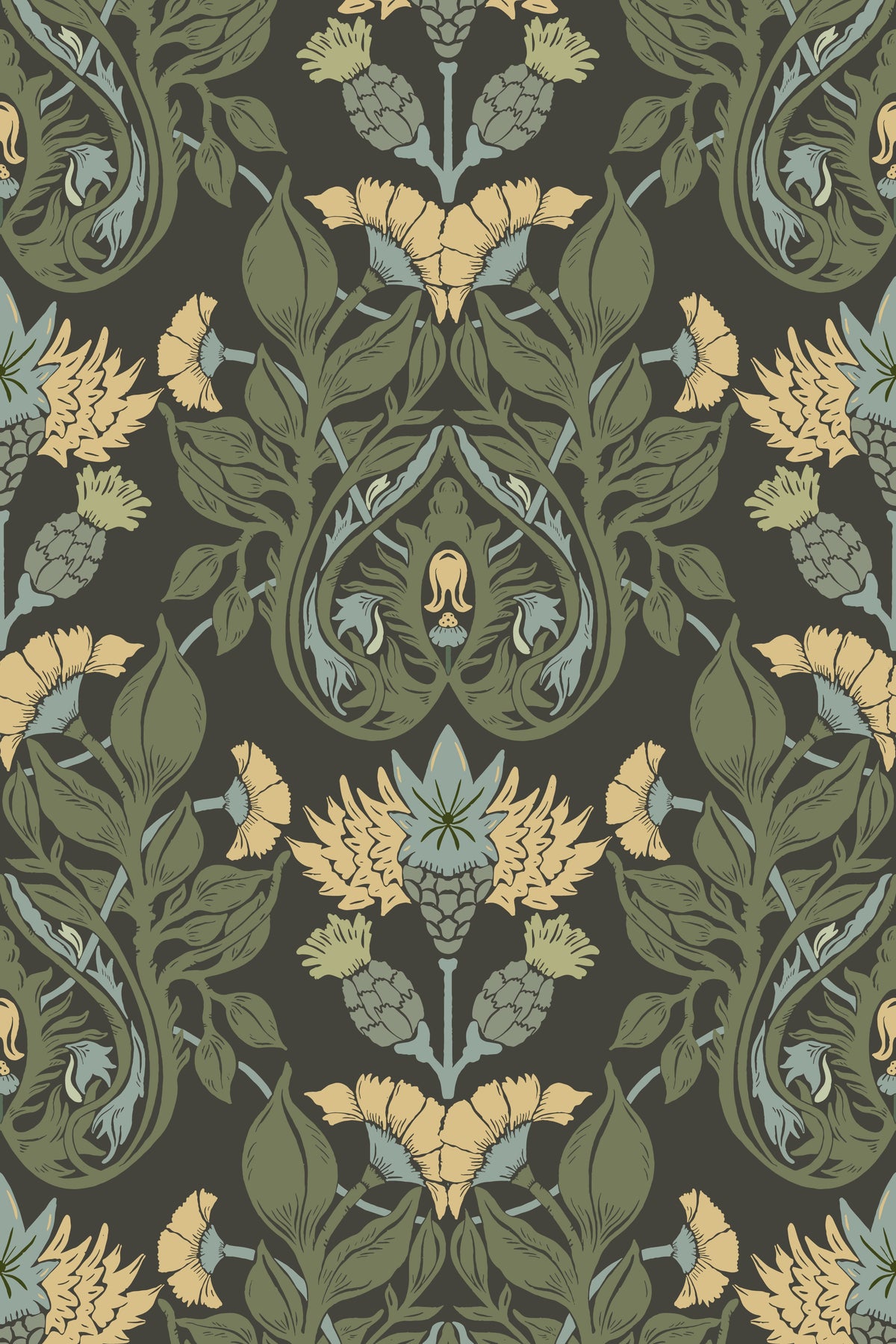 Symmetrical vintage floral wallpaper pattern in green, blue, and gold