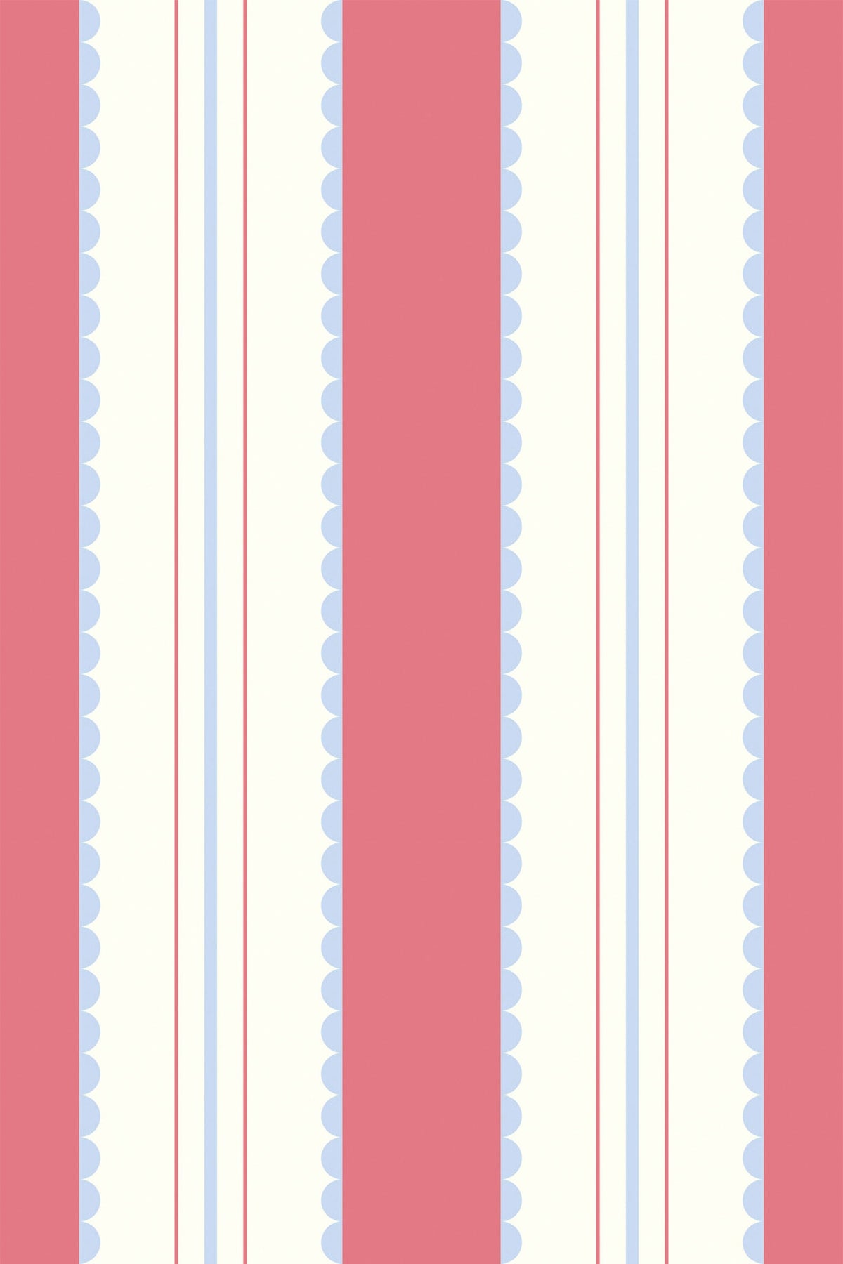 Striped wallpaper with wide pink bands, cream stripes, light blue accents
