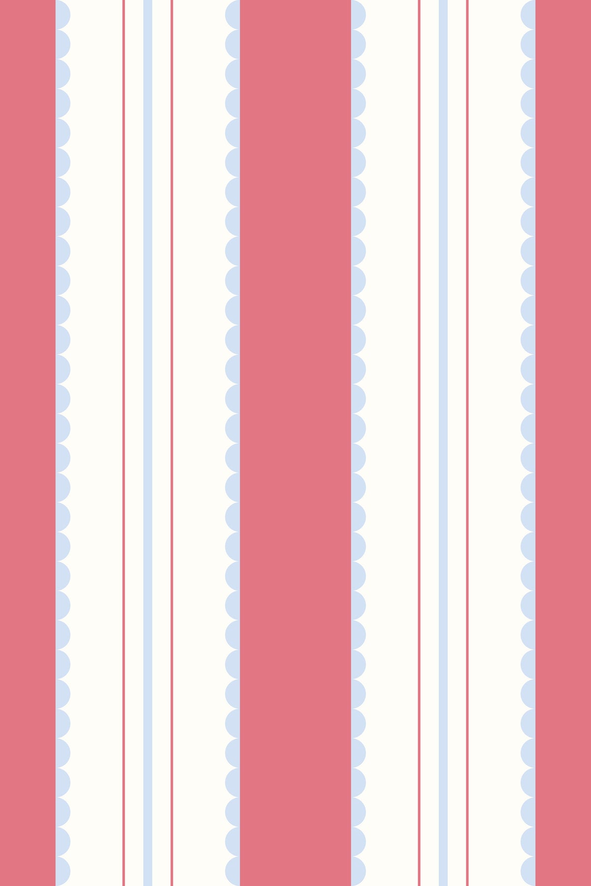 Striped wallpaper with wide pink bands, cream stripes, light blue accents