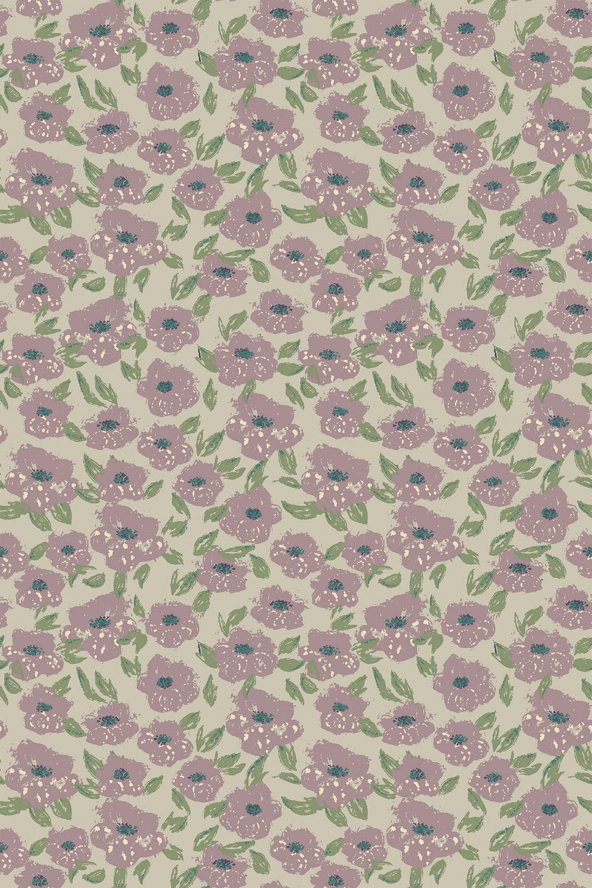 Vintage floral wallpaper with dusty mauve flowers and green leaves.