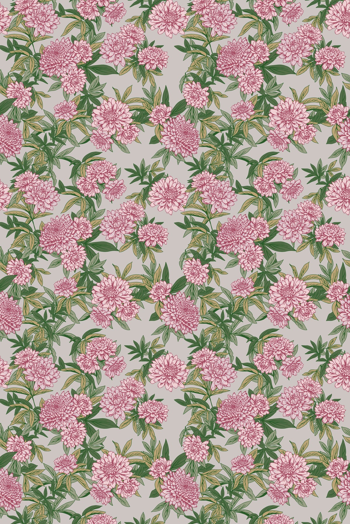 Pink chrysanthemum floral wallpaper pattern with green leaves