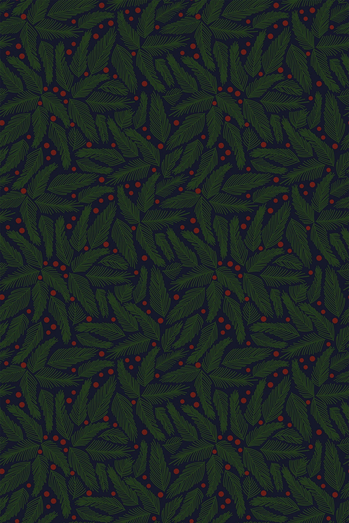Dark navy wallpaper with green evergreen branches and red berries.
