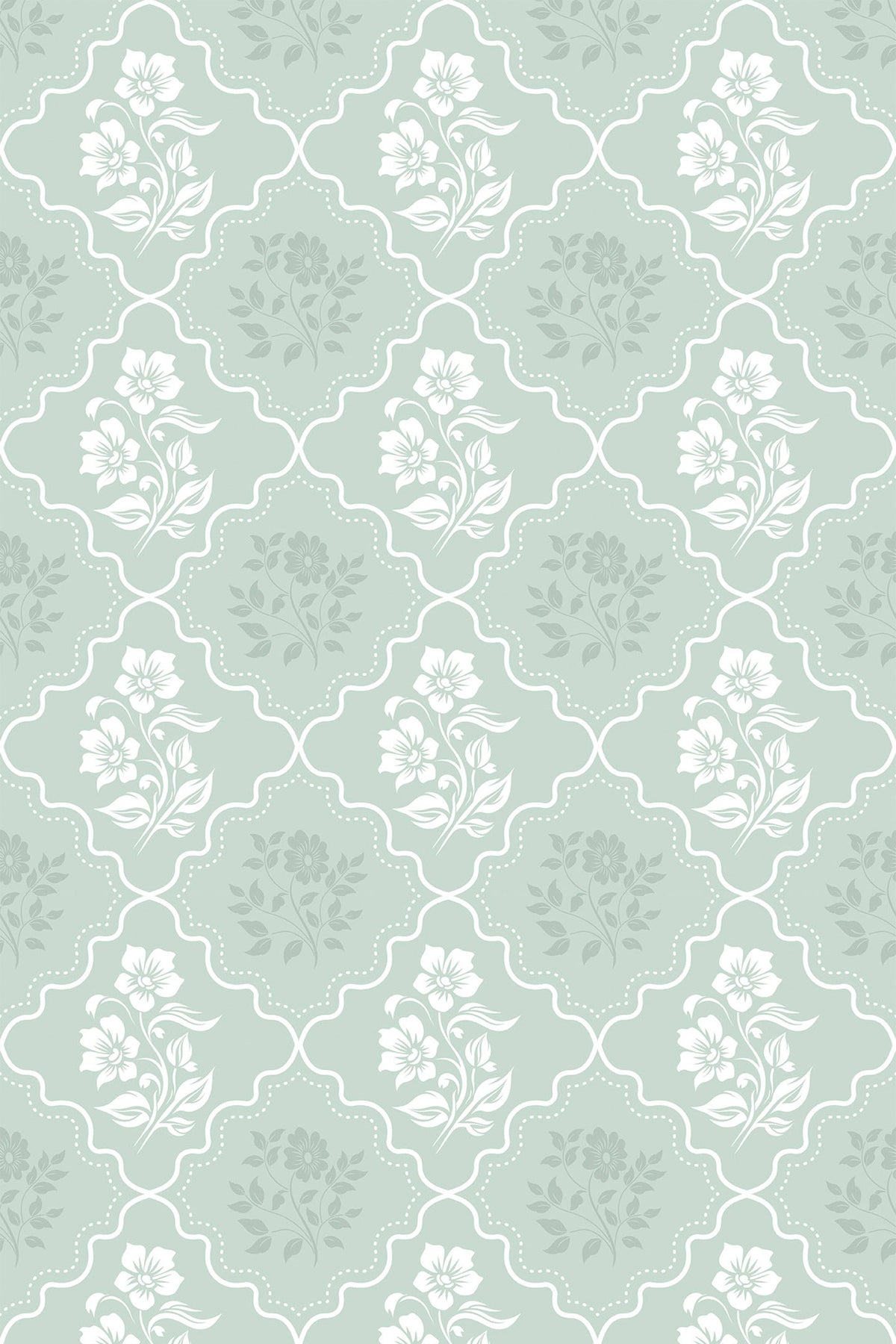 Soft sage green floral wallpaper with white flowers and delicate botanical motifs in an ornate repeating pattern.