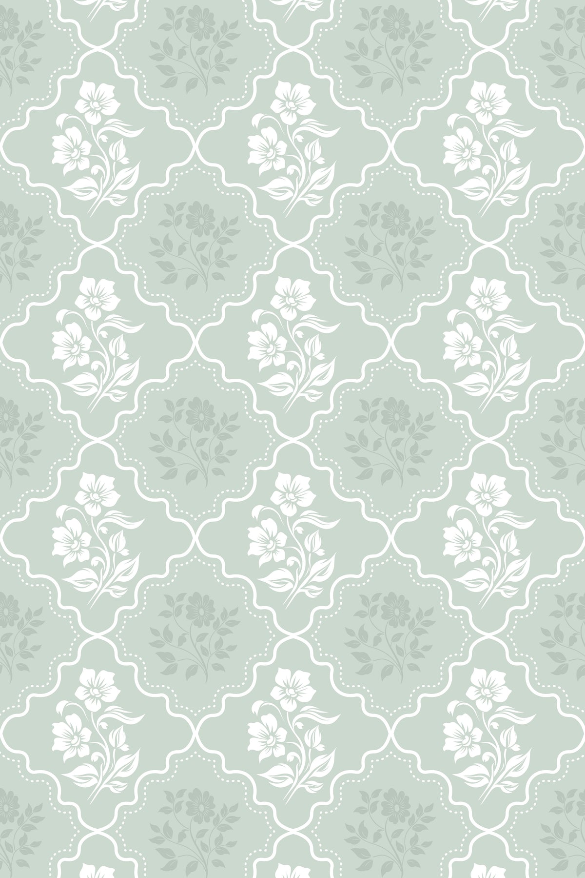 Soft sage green floral wallpaper with white flowers and delicate botanical motifs in an ornate repeating pattern.
