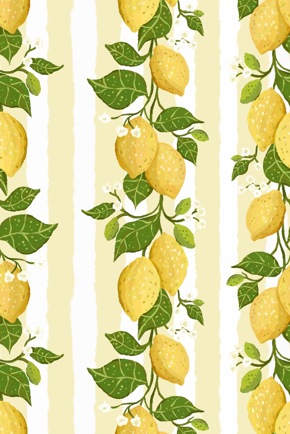 Lemon and leafy branch wallpaper pattern with yellow-and-white vertical stripes