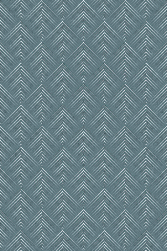 Muted blue-gray wallpaper with a repeating geometric chevron pattern of fine white lines
