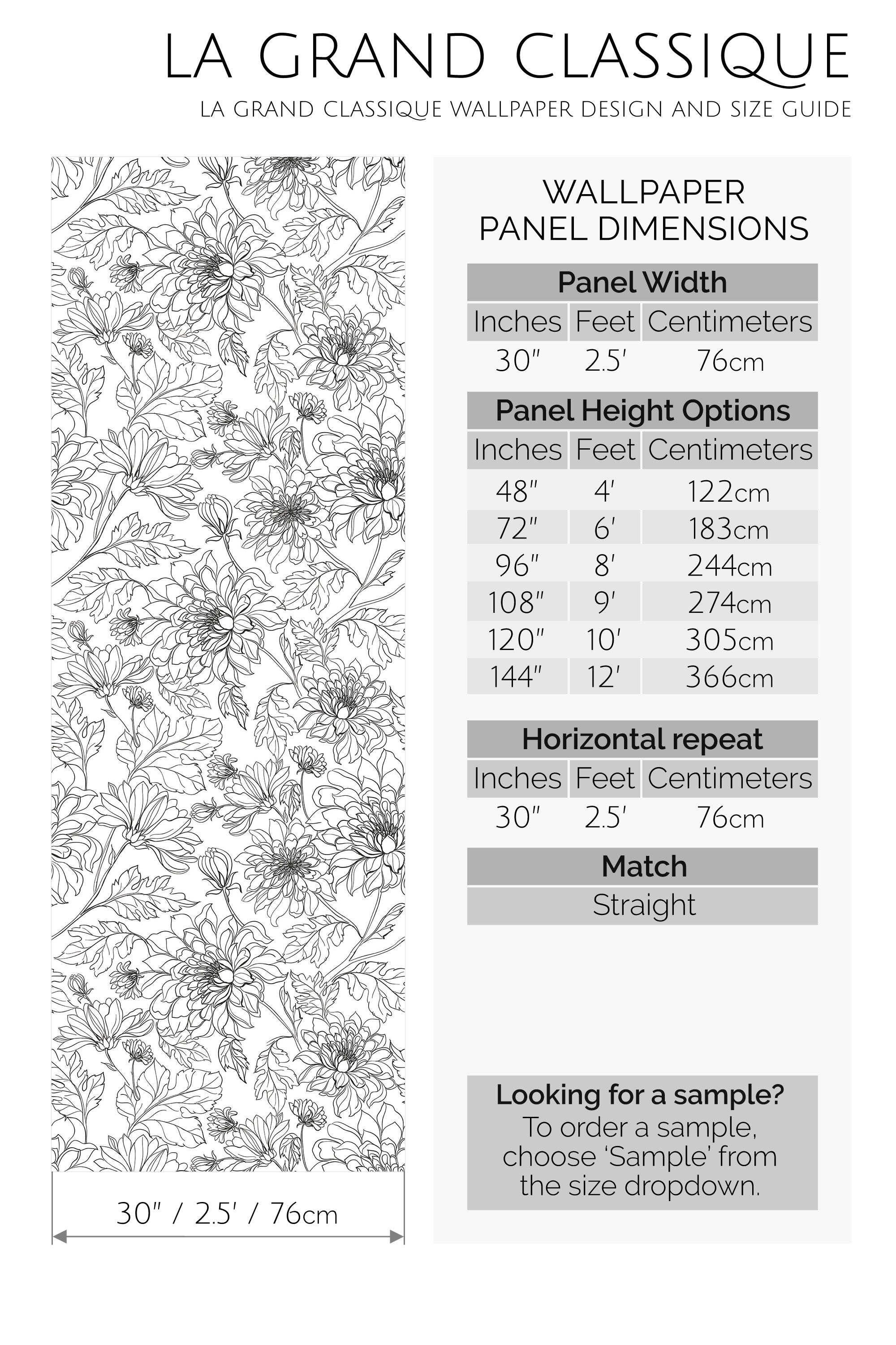 vintage floral line art peel and stick wallpaper specifiation