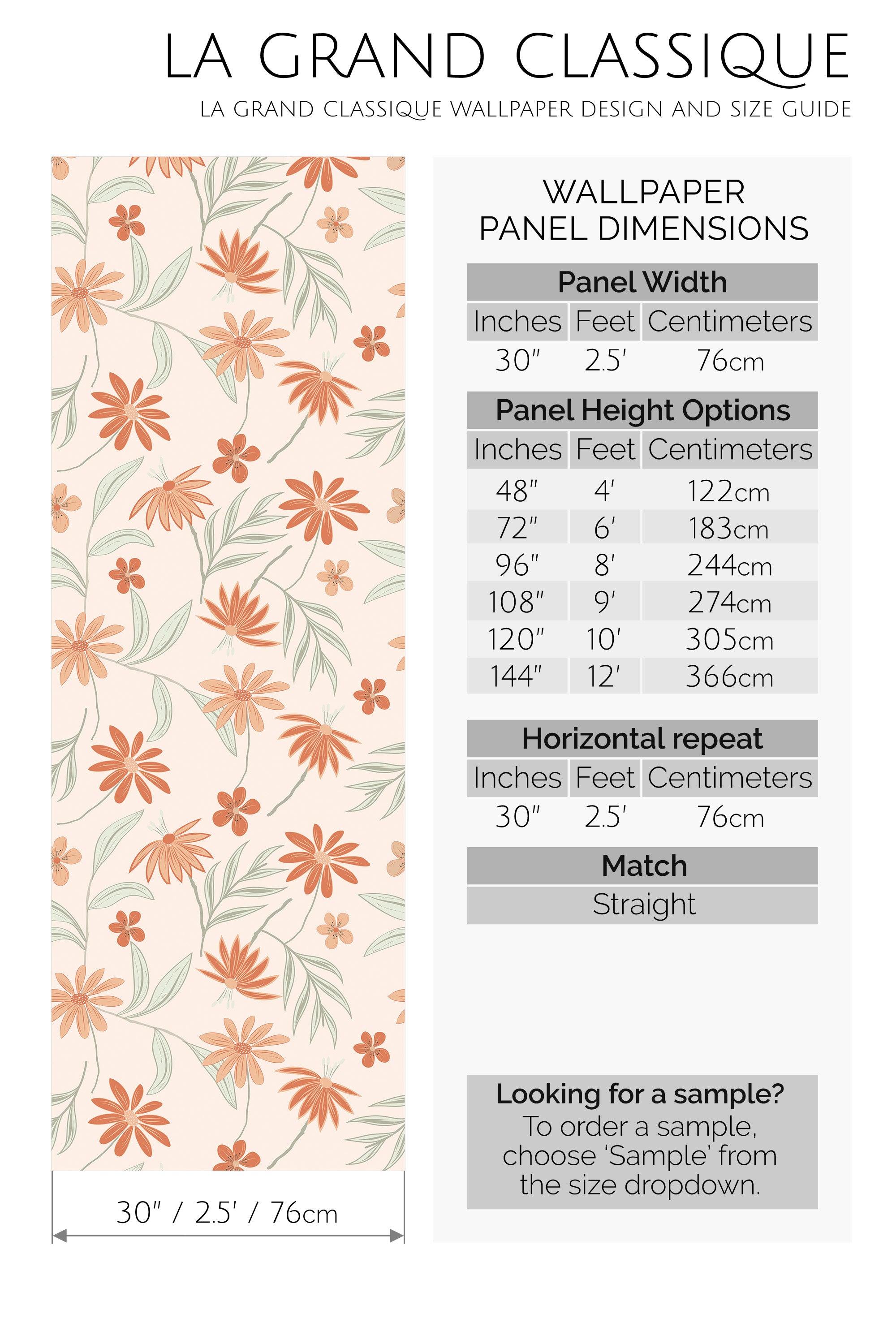 orange flower peel and stick wallpaper specifiation