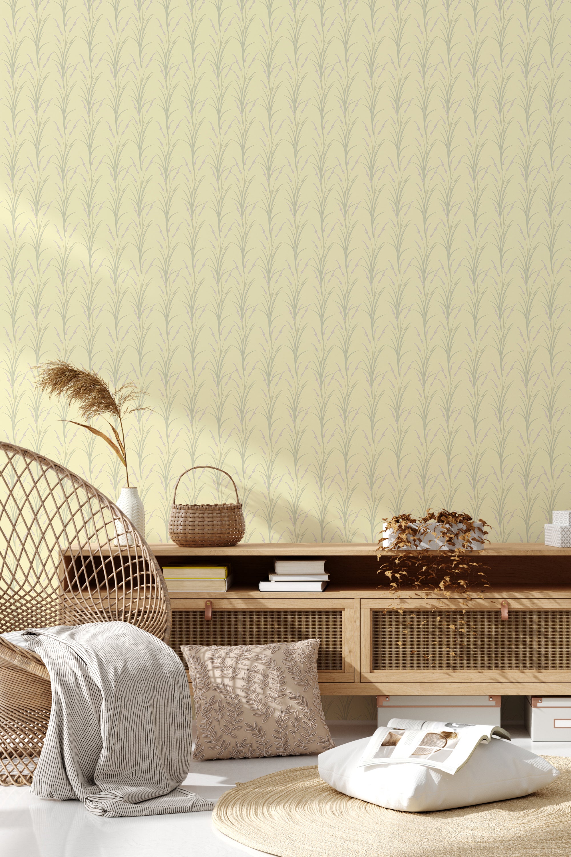 Yellow wallpaper with a subtle vertical pattern of lavender sprigs, creating a calming nature-inspired aesthetic. Traditional wallpaper.