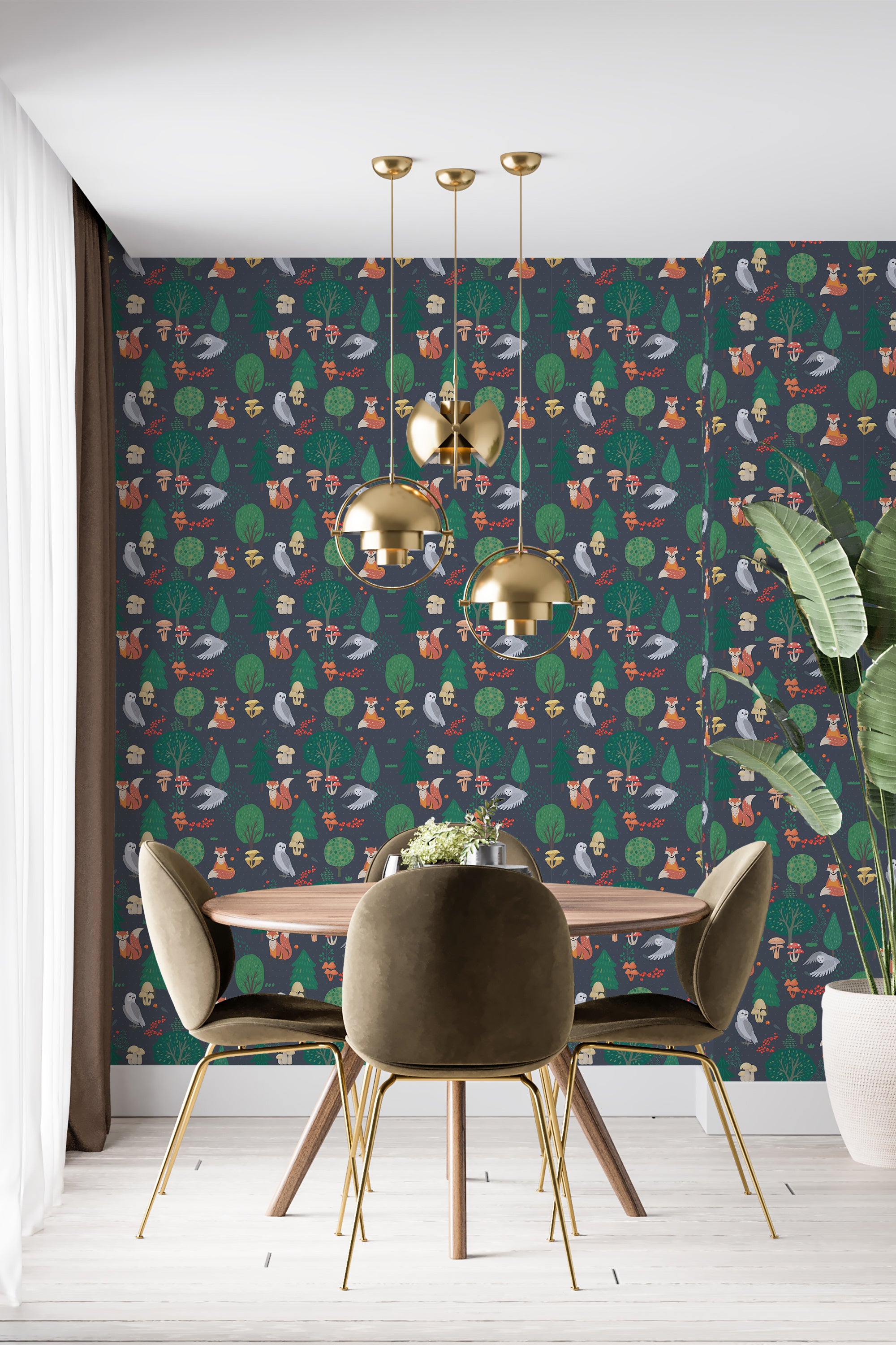 A vibrant design in deep greens and blues adorned with whimsical forest creatures, mushrooms, and trees, creating an enchanting and cozy atmosphere. Traditional wallpaper.