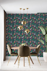 A vibrant design in deep greens and blues adorned with whimsical forest creatures, mushrooms, and trees, creating an enchanting and cozy atmosphere. Traditional wallpaper.