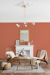 A room with walls covered in Solid Terracotta wallpaper in a warm, earthy hue, creating a cozy and inviting atmosphere. The minimalistic design complements the elegant white molding on the ceiling, blending classic and contemporary aesthetics with a rich terracotta tone that adds depth and warmth to the space. The decor is understated, highlighting the simplicity and sophistication of the traditional wallpaper.