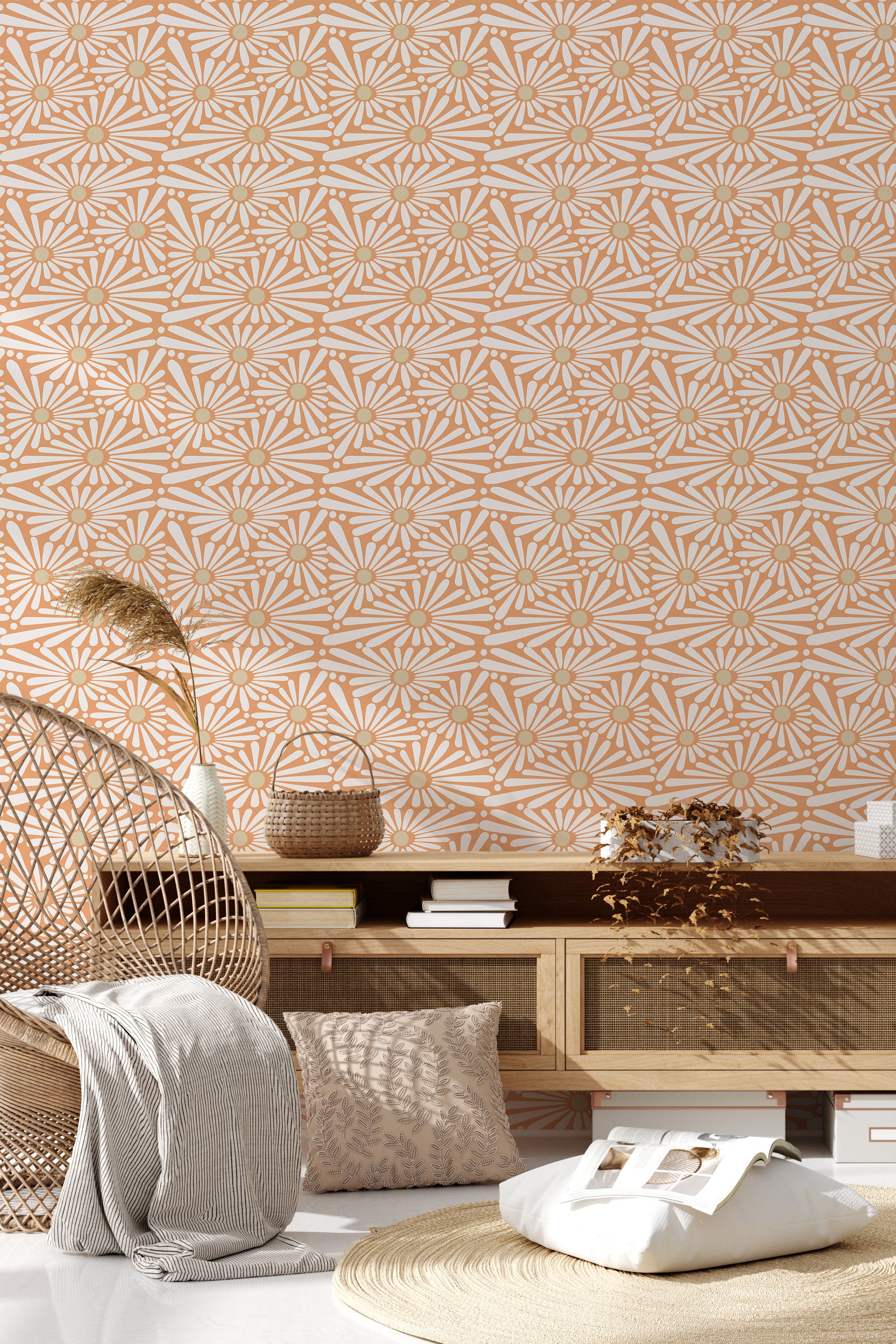 A room with wallpaper covered in a vibrant sunflowers pattern with geometric shapes in shades of warm orange, white, and tan. The design creates an eclectic and lively atmosphere. The wallpaper extends from the floor to the ceiling, complementing the minimalist and natural decor of the room. Traditional wallpaper.