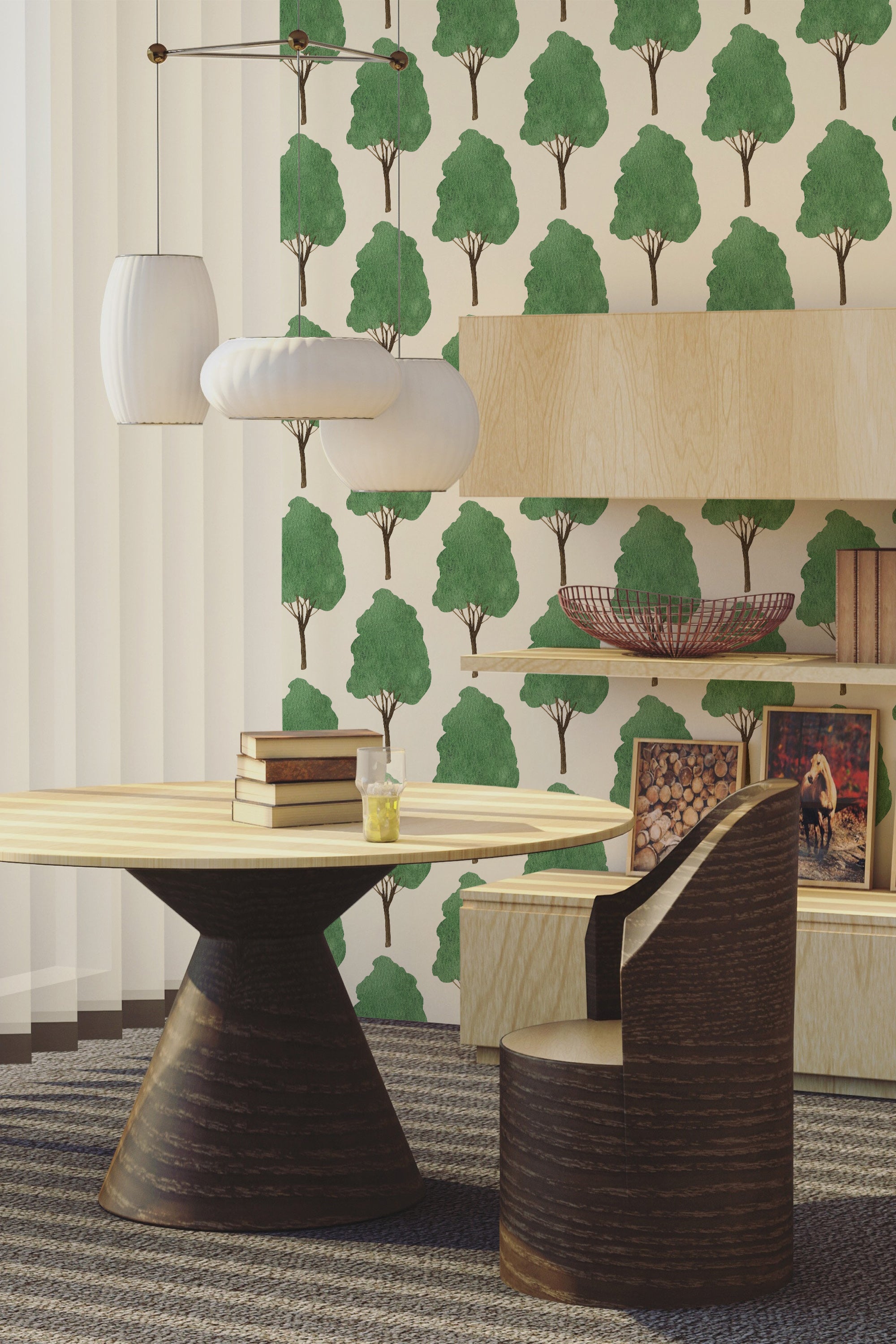 A room with Watercolor forest wallpaper, showing stylized green trees with delicate trunks on a light background, complementing a nature-inspired decor. Traditional wallpaper.