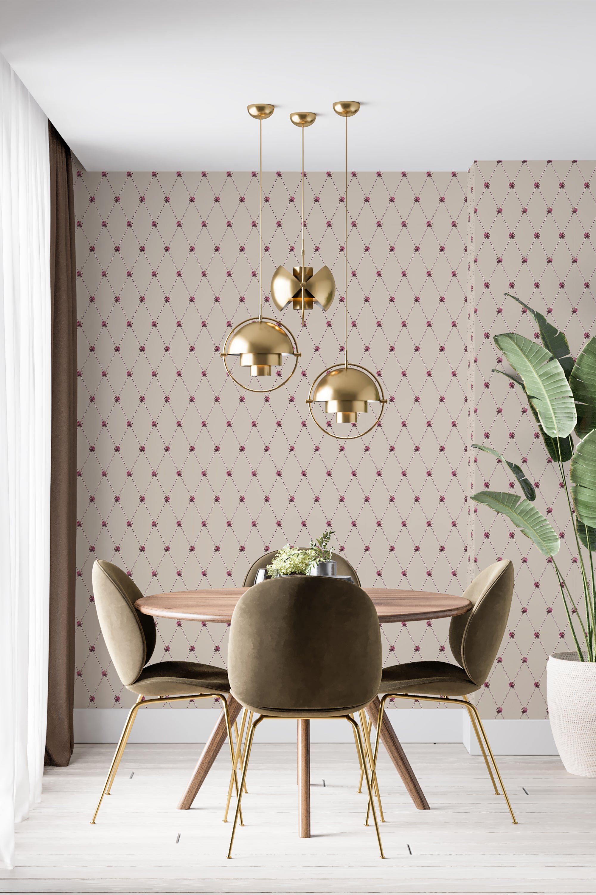 A room with walls covered in a traditional wallpaper pattern with small vintage roses on a lattice background, giving the space a classic and elegant ambiance.
