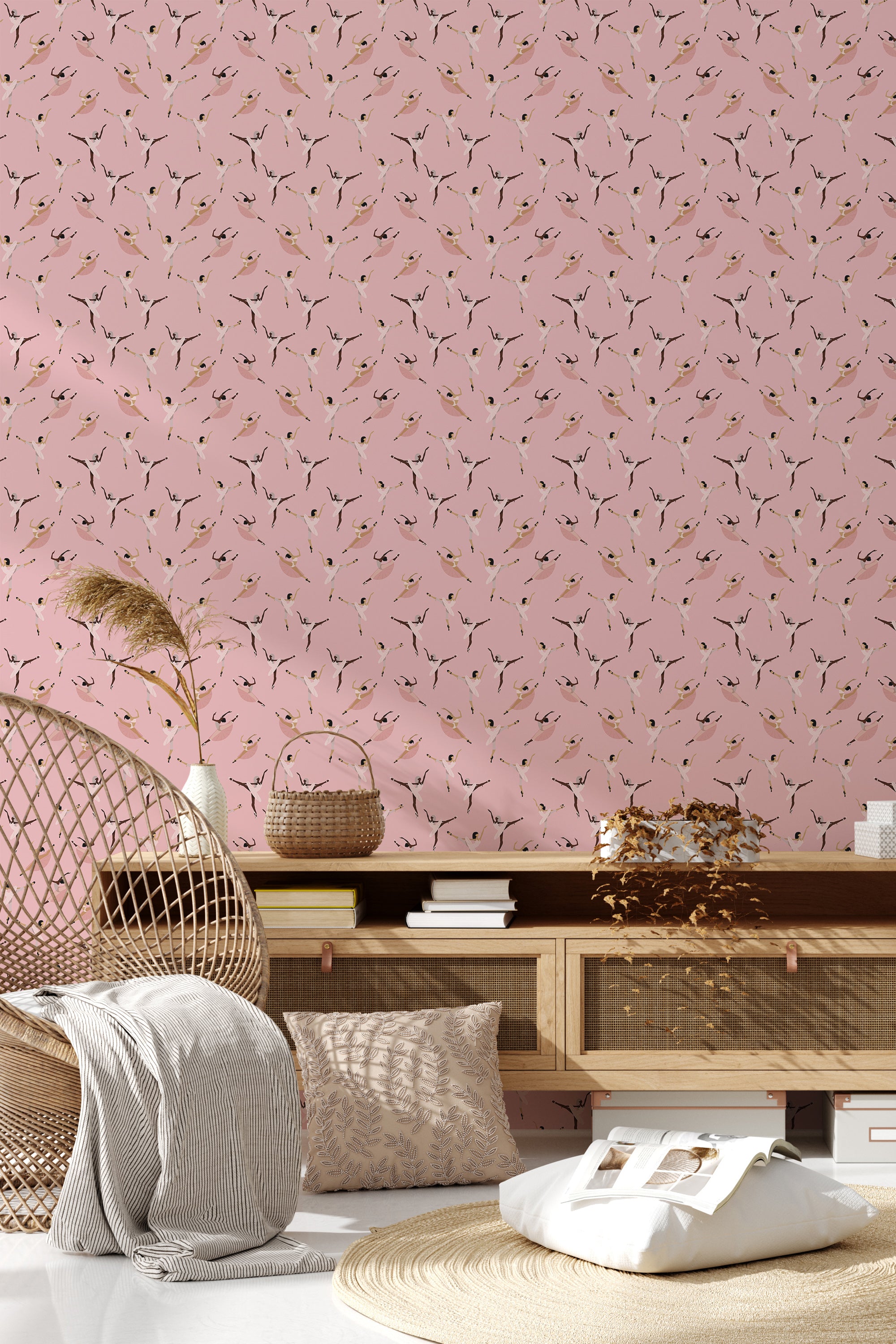 Pink wallpaper adorned with ballerina silhouettes in various dance poses, adding a whimsical touch to the room's decor in a traditional wallpaper style.