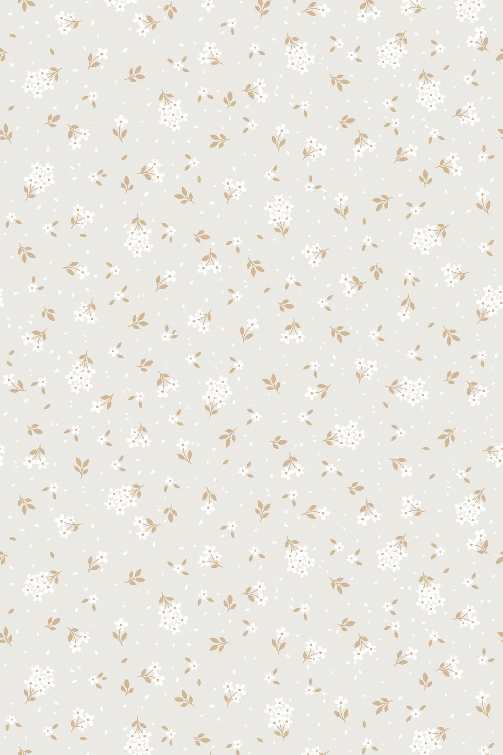 Delicate flowers and leaves in shades of white and brown scattered against a soft green background, forming a charming spring-inspired pattern for peel and stick removable wallpaper.