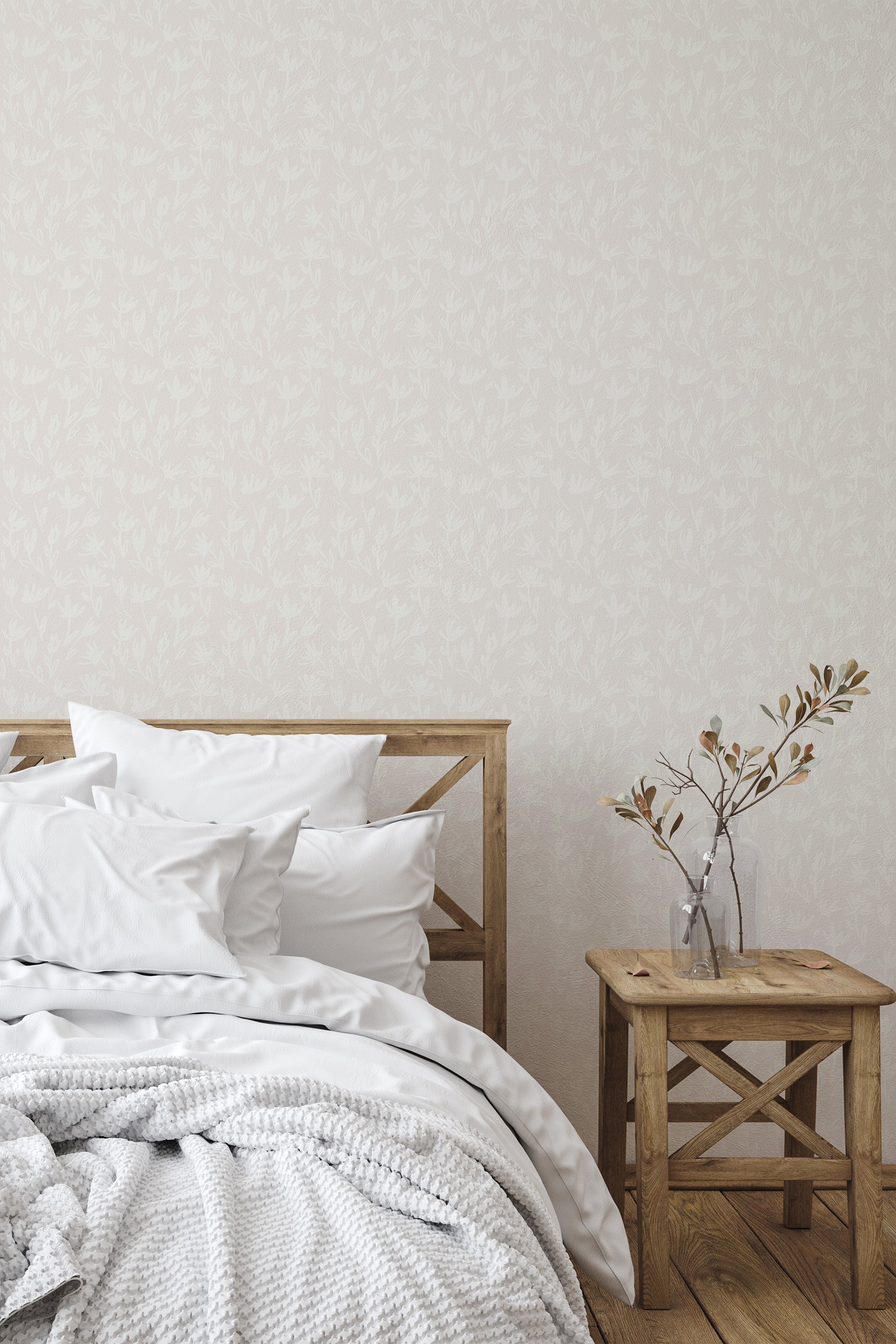 Self-adhesive wallpaper with a subtle neutral tulip pattern in a bedroom setting, complementing a wooden bed and side table.