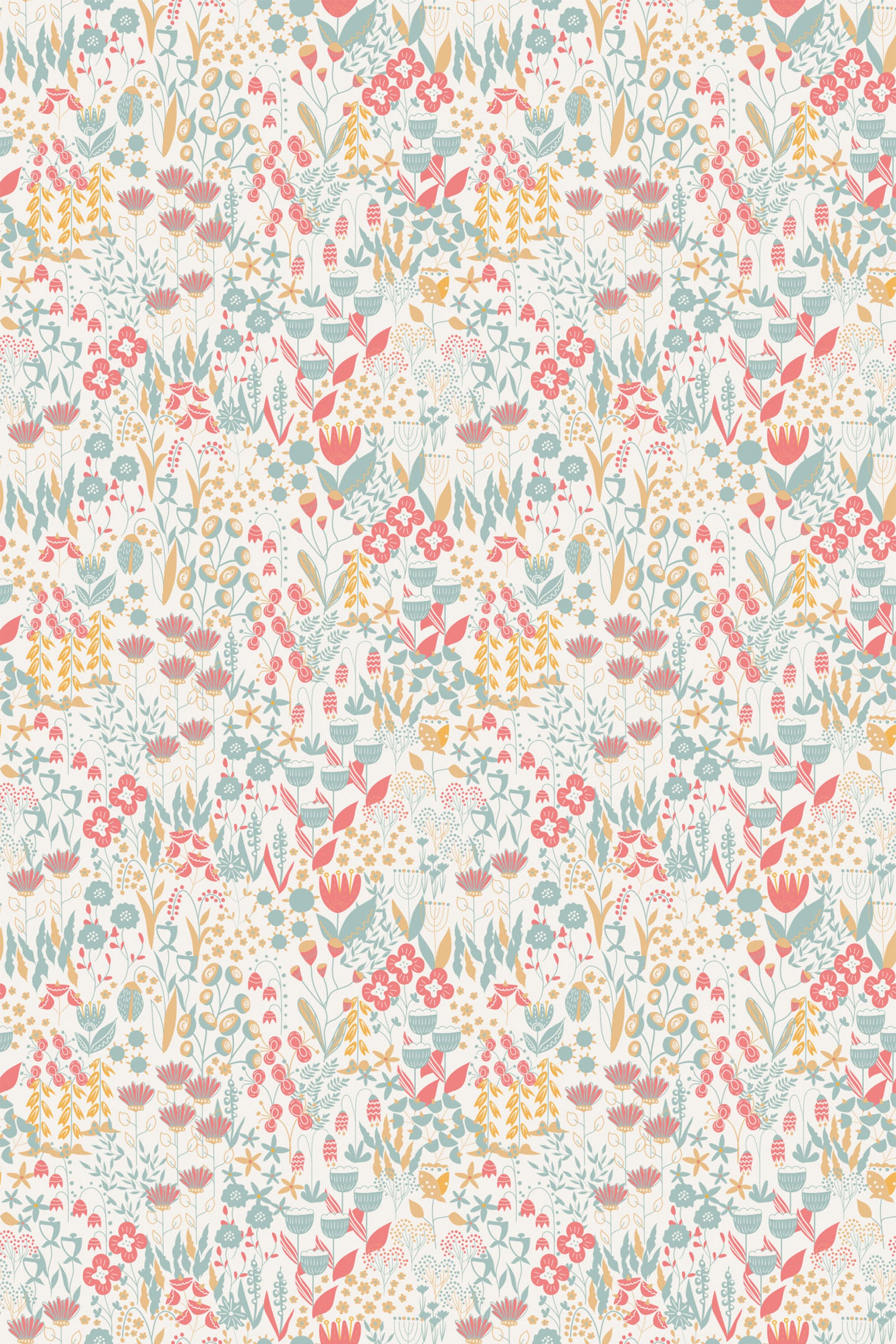 A colorful spring blossom pattern with intricate floral designs in shades of pink, blue, and yellow on a removable peel and stick wallpaper.