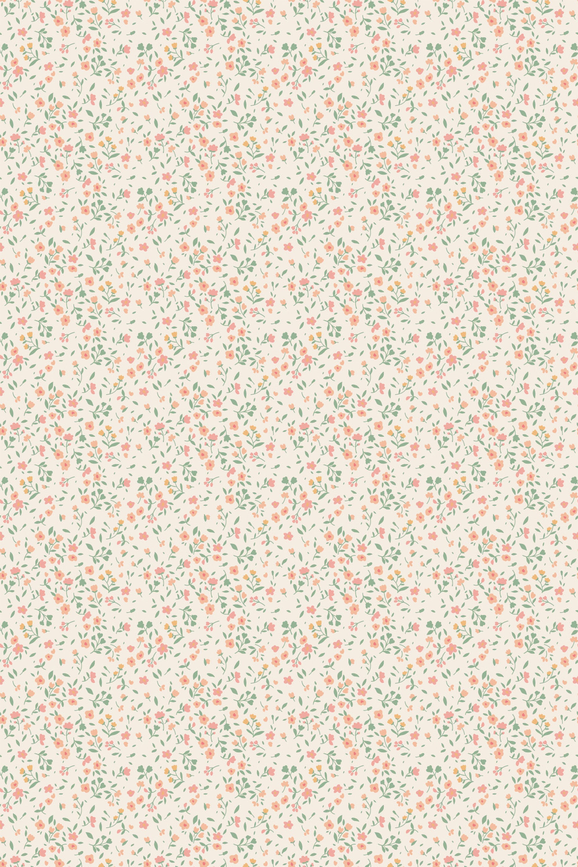 A bright and cheerful pattern of small vintage-style flowers in warm tones on an off-white background, known as Sunny vintage floral, suitable for a peel and stick removable wallpaper.