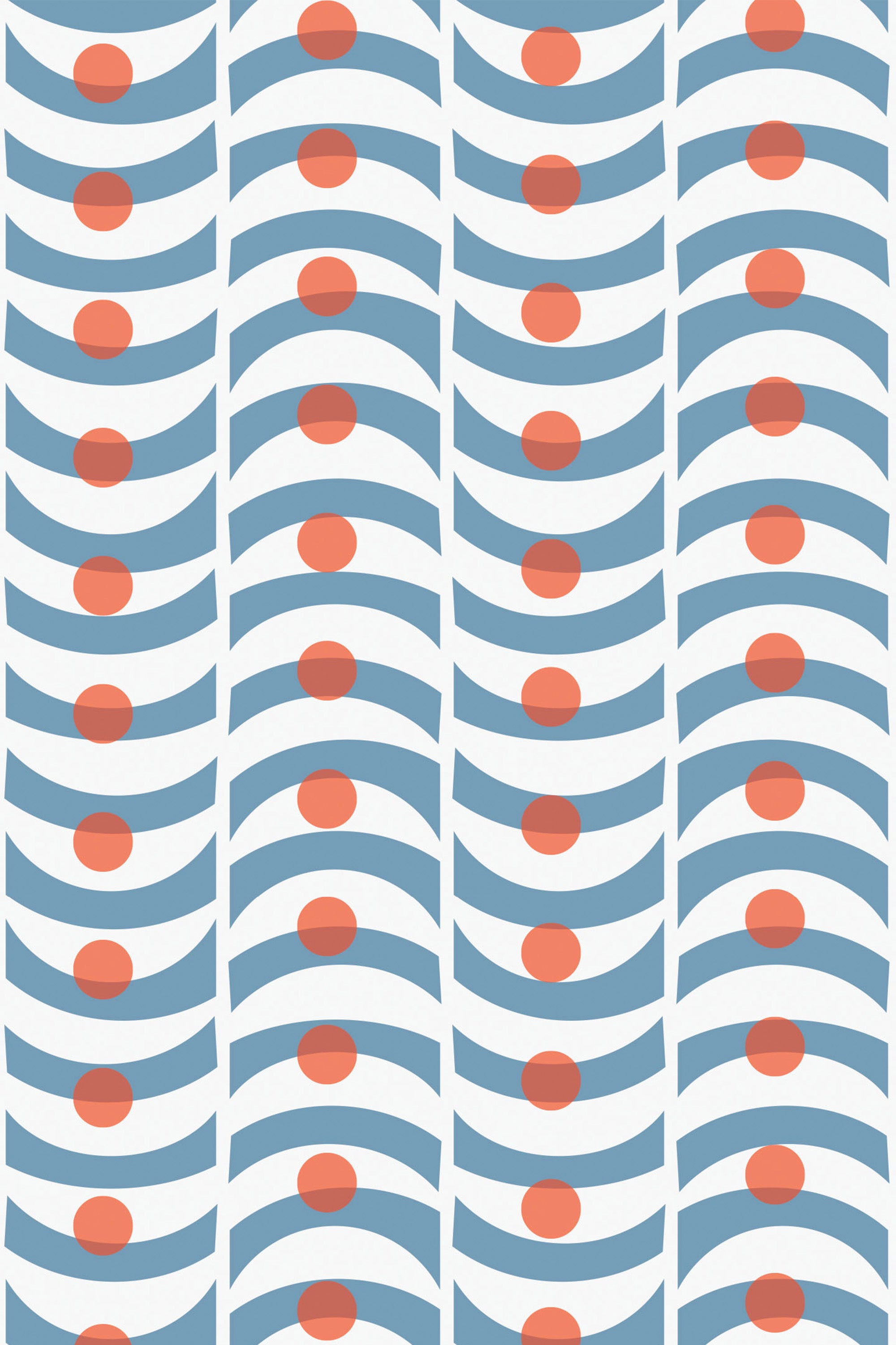 A vintage pattern with alternating wavy lines and orange dots on a blue background, creating a retro feel, ideal as a peel and stick removable wallpaper.