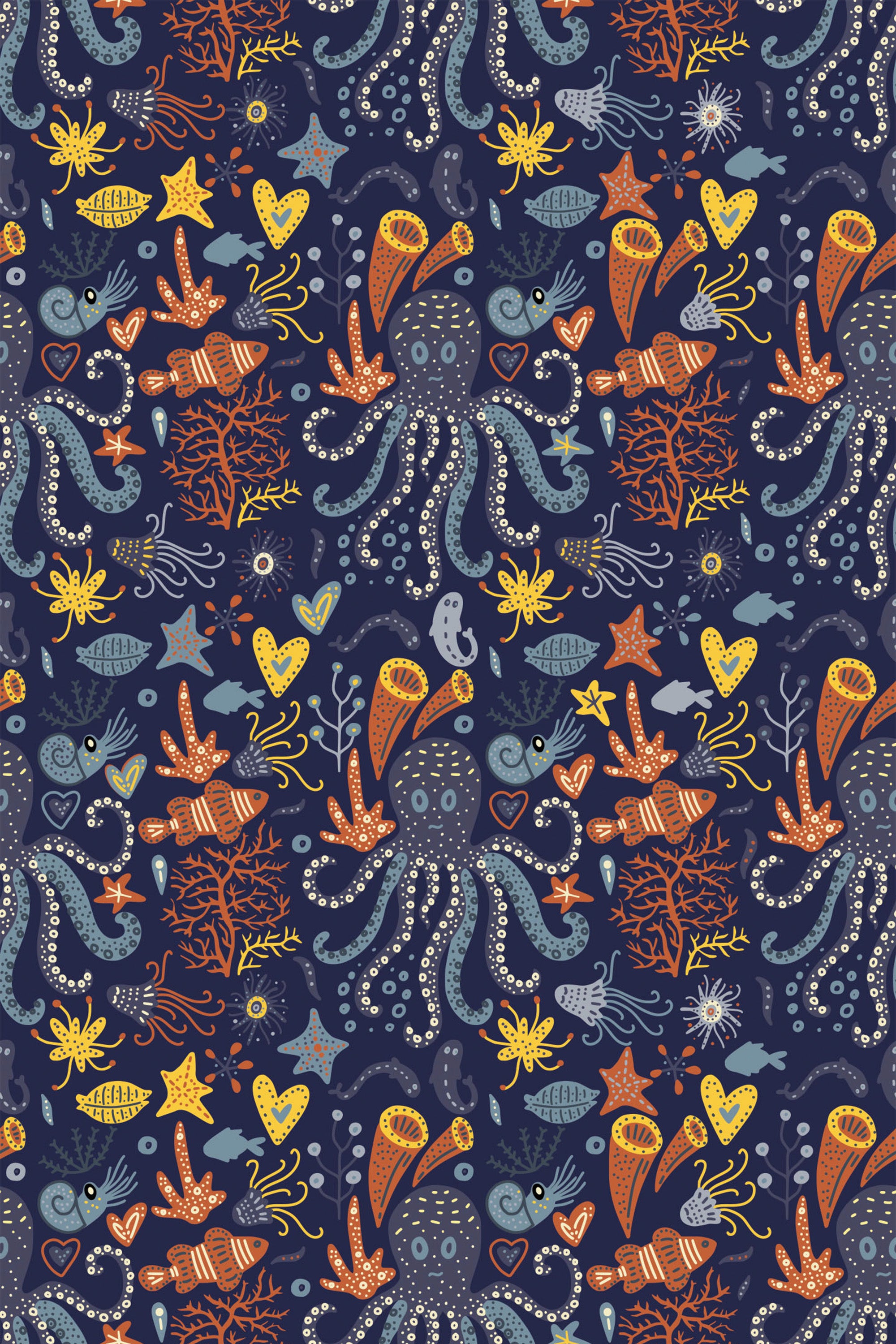 A vintage-inspired underwater theme with octopuses, fish, starfish, and seashells in vibrant colors on a dark background, peel and stick removable wallpaper.
