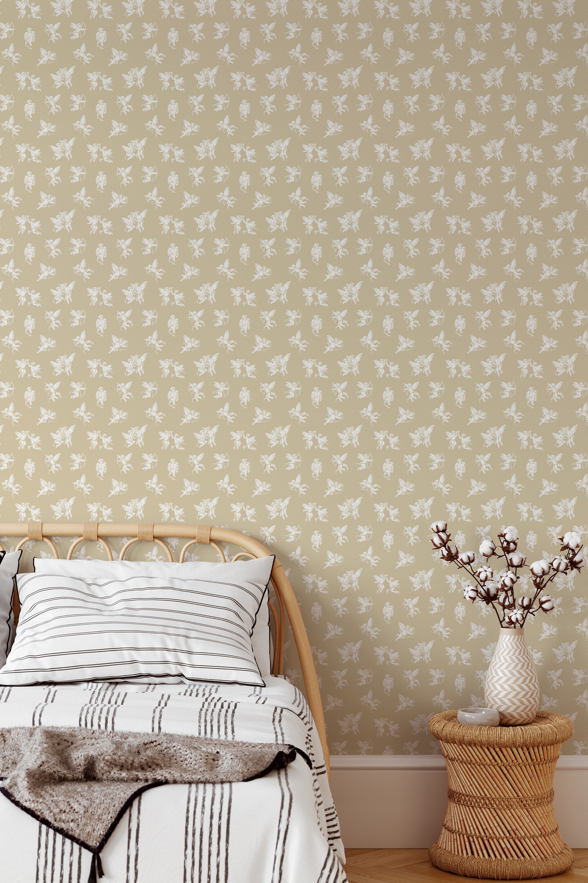 Self-adhesive vintage angel wallpaper with a repeating motif of cherubs on a neutral background, complementing a cozy bedroom decor.