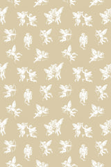 Elegant repeating pattern of white vintage angels on a beige background, suitable for sophisticated interiors, peel and stick removable wallpaper.