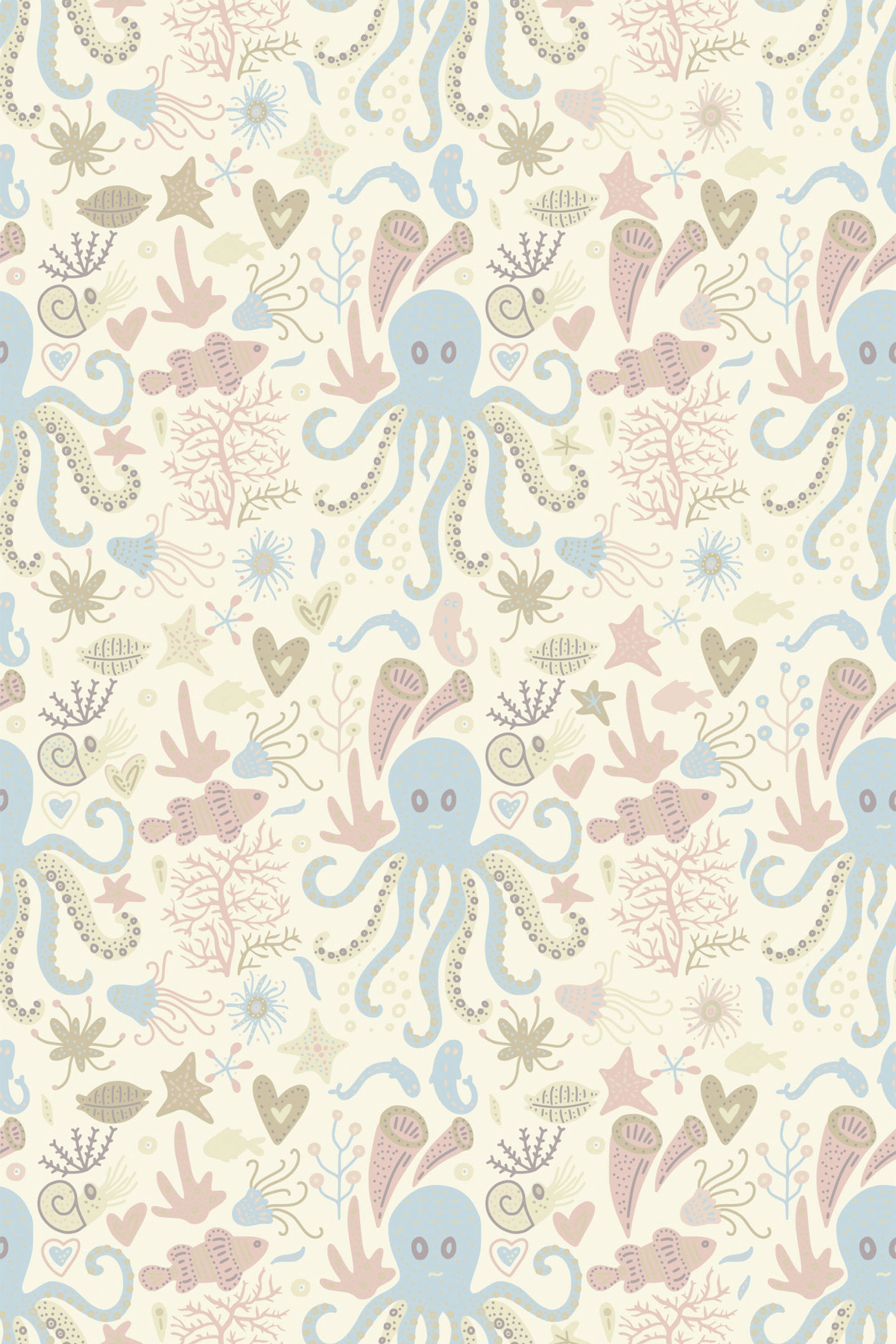 A pattern of stylized sea creatures including octopi, seahorses, and starfish in soft pastel shades on a neutral background, ideal for relaxed and playful decor. Peel and stick removable wallpaper.