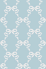 Repeated white ribbon pattern on a soft blue background, forming a lattice design, peel and stick removable wallpaper.